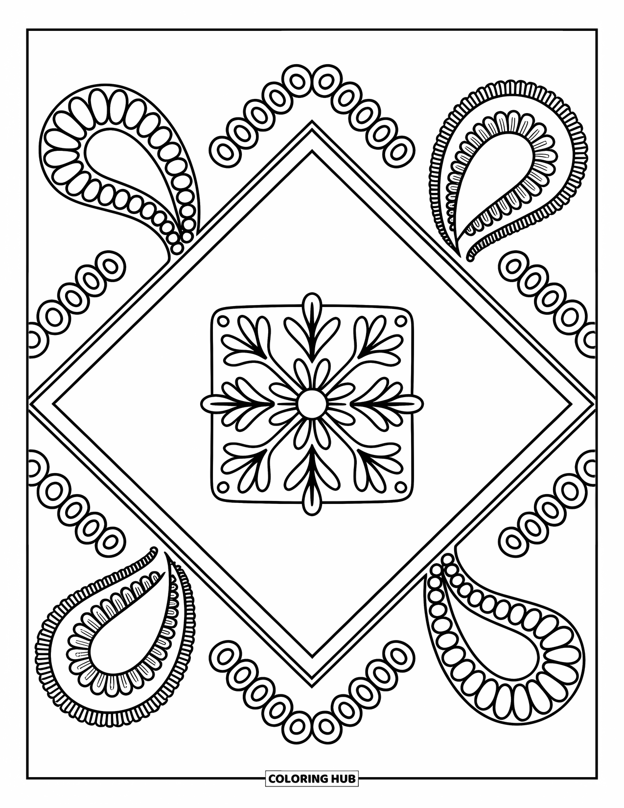 Rangoli Coloring Page for Adults: Square floral mandala with paisleys and detailed swirls in a diamond frame