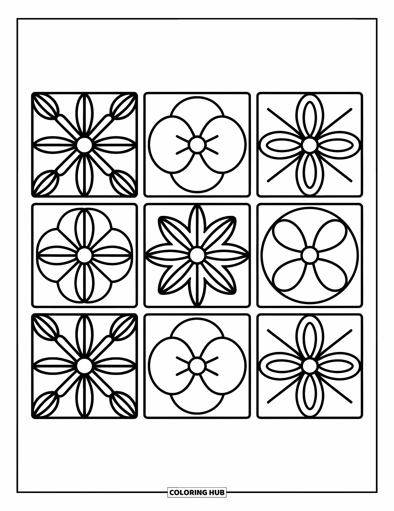 Rangoli Coloring Page for Adults: Square rangoli grid with a star center and playful pattern variety