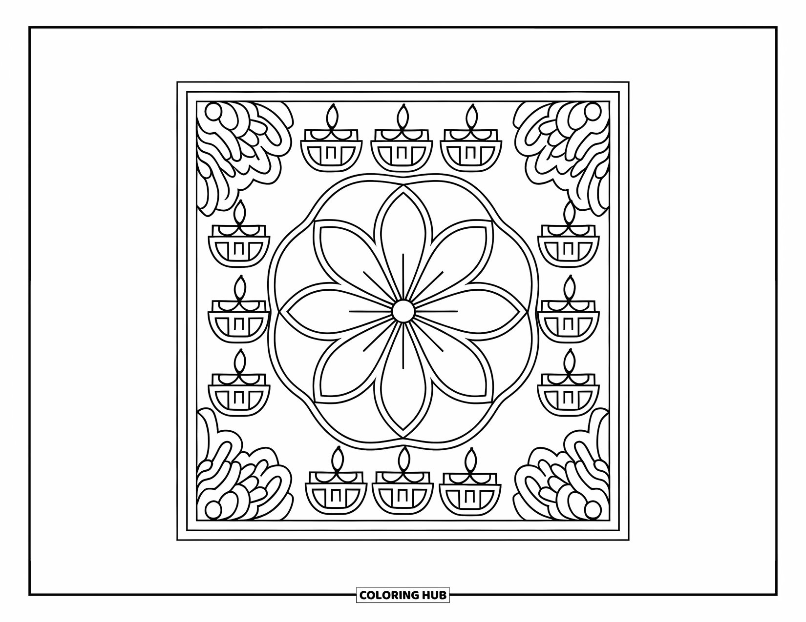 Rangoli Coloring Page for Adults: Square rangoli with a flower center and rows of tiny diyas