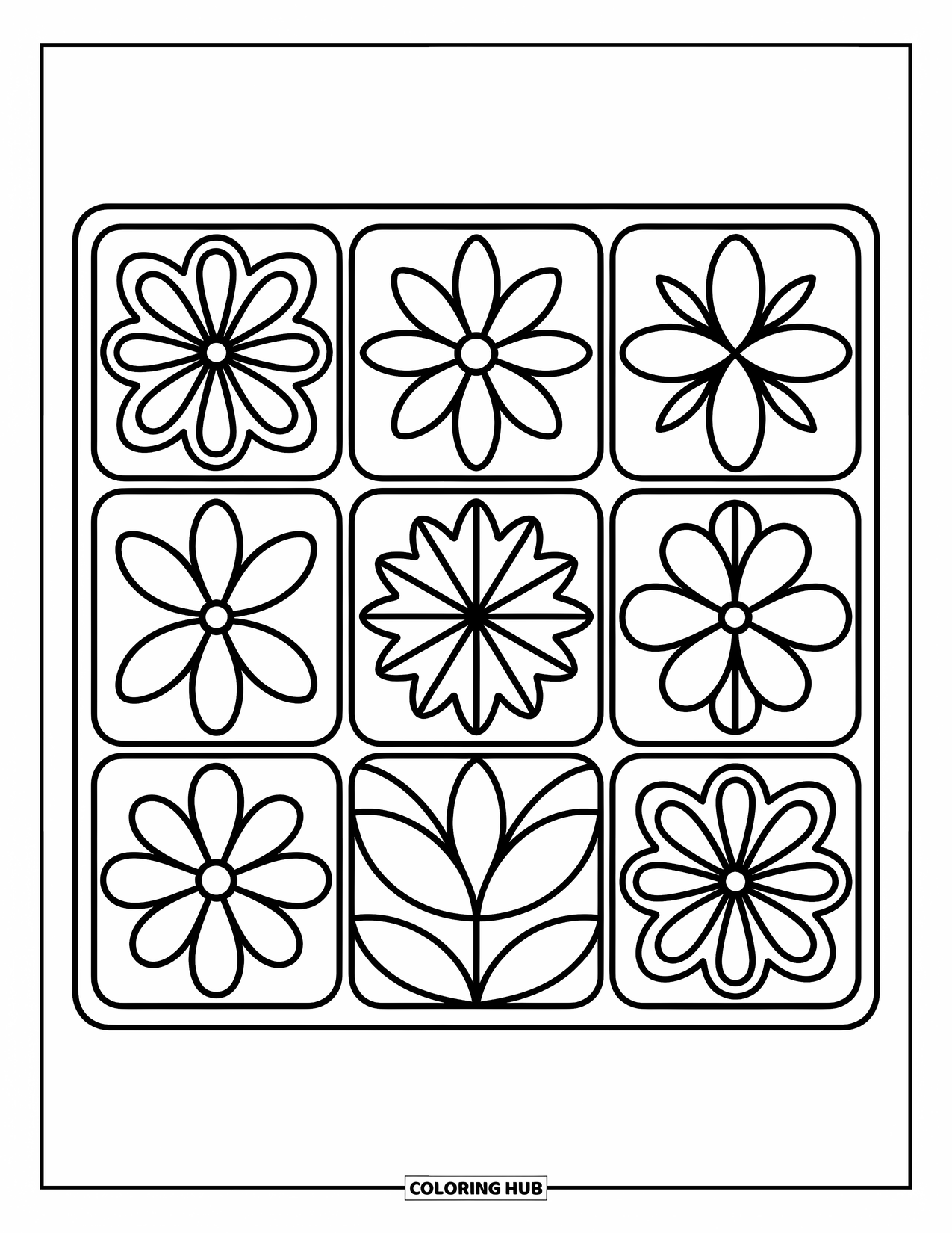 Rangoli Coloring Page for Adults: Star-shaped center mandala with surrounding floral and leaf grid designs