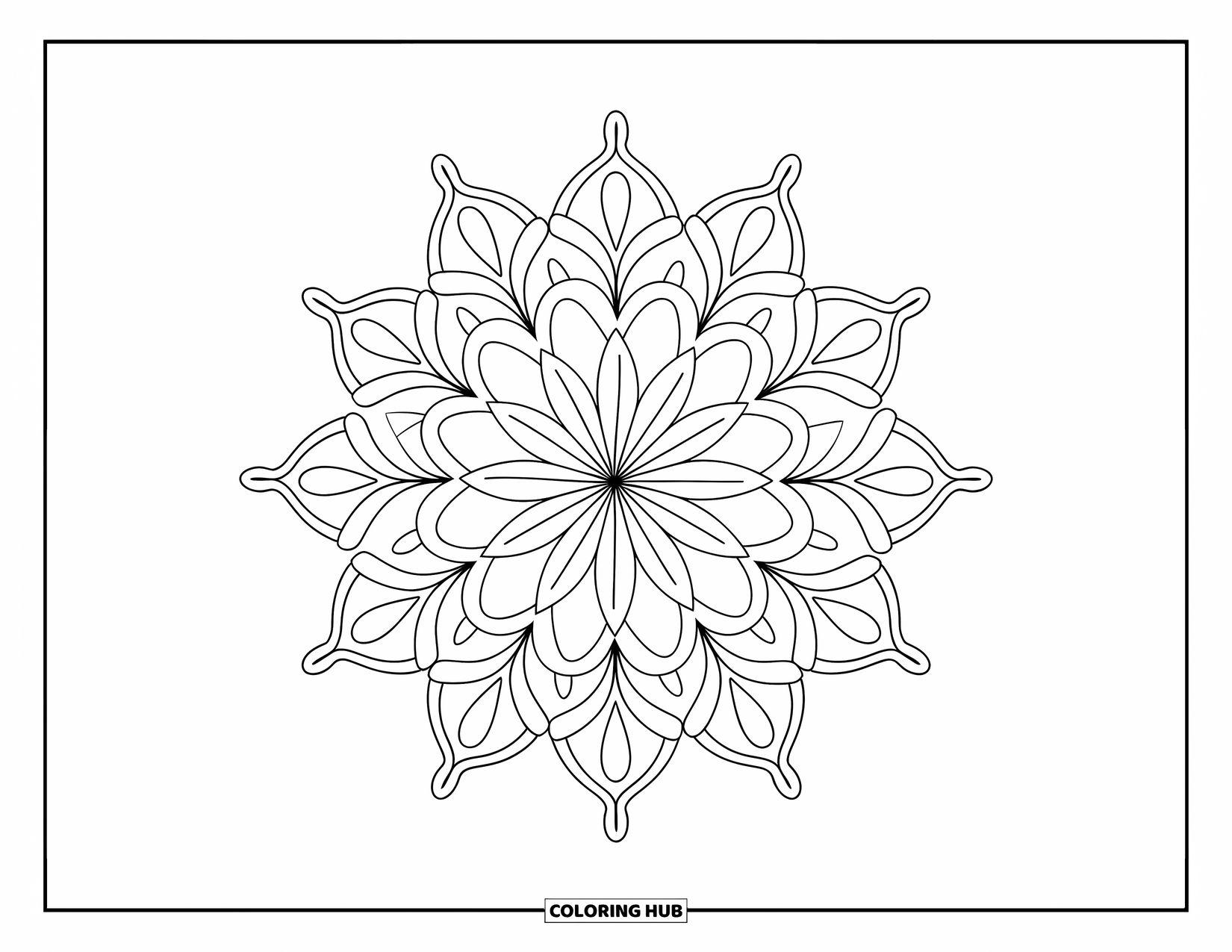 Rangoli Coloring Page for Adults: Starburst rangoli with pointed triangles and floral curves