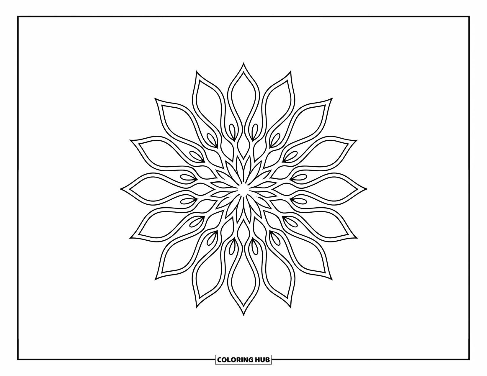 Rangoli Coloring Page for Adults: Sunflower layout with layered petal shapes for a calm design