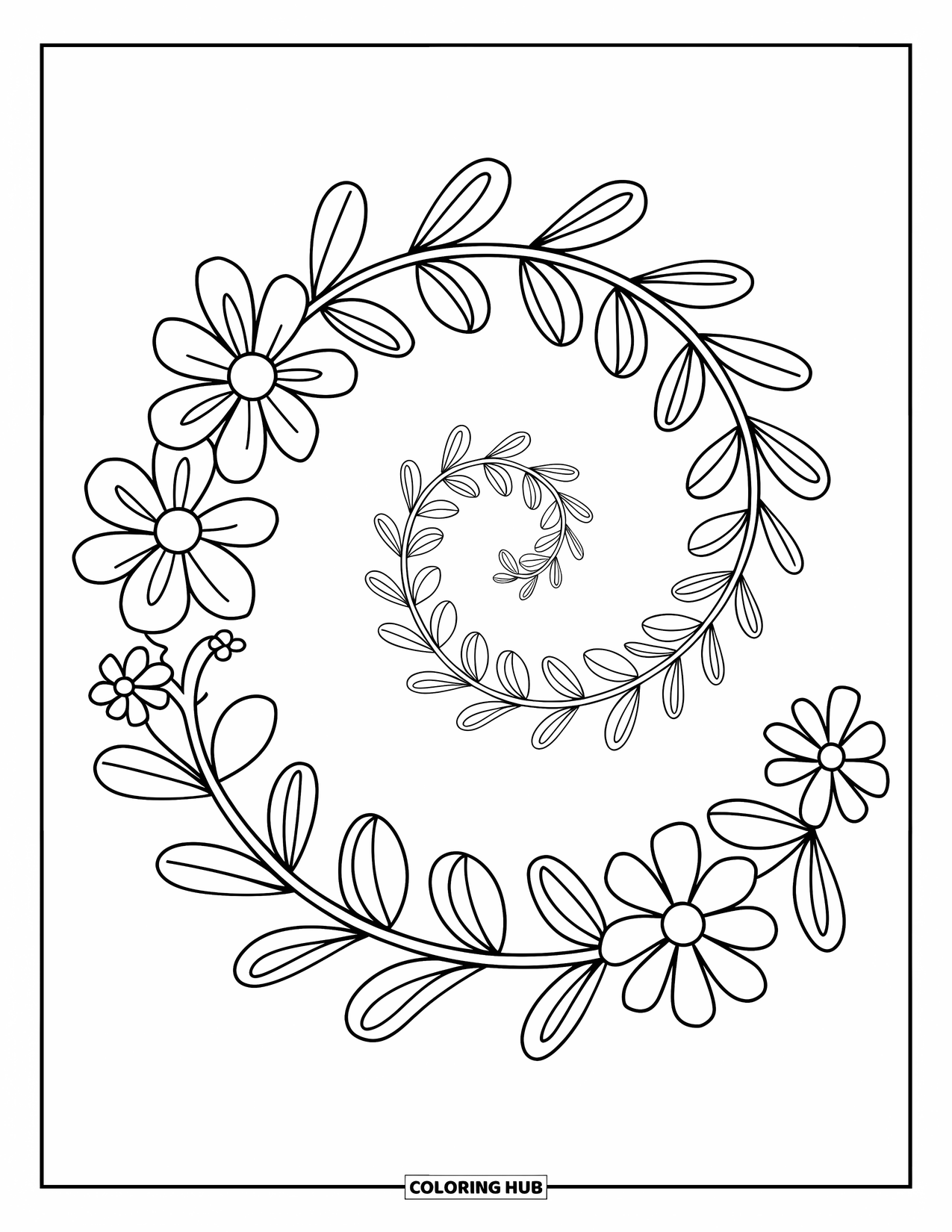Rangoli Coloring Page for Adults: Swirling floral spiral with dotted chains and blooming flowers