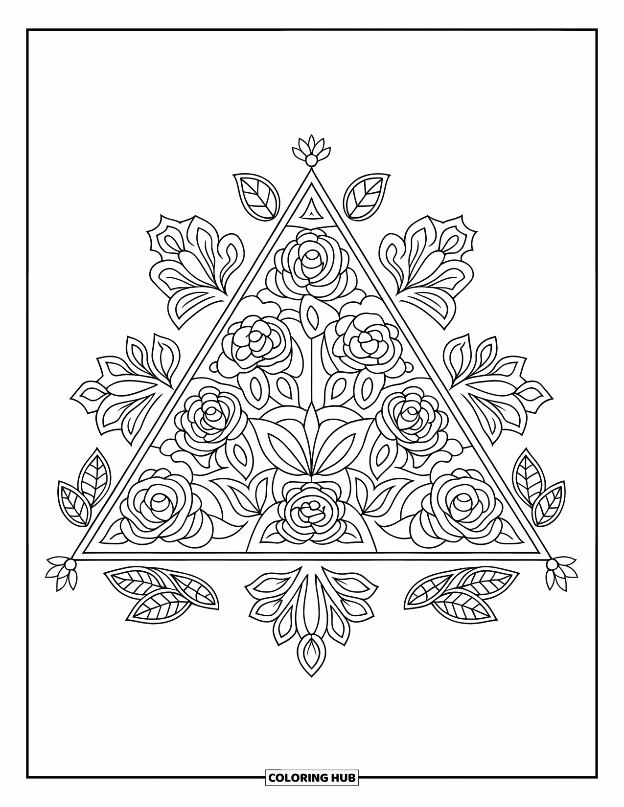 Rangoli Coloring Page for Adults: Triangle-based rangoli with roses, lotus, and leaf details