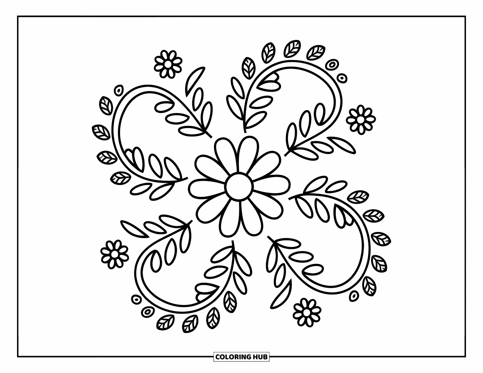 Rangoli Coloring Page for Adults: Whimsical flower with swirling vines and dotted curls forming a soft pinwheel