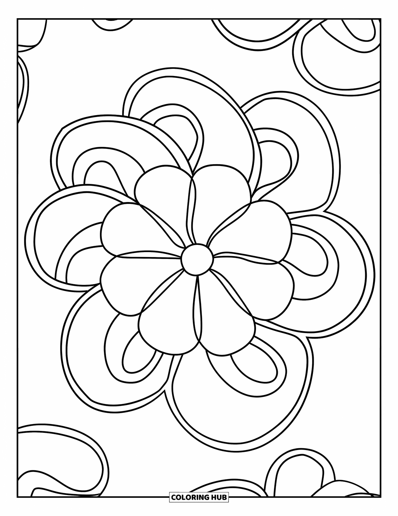 Rangoli Coloring Page for Kids: Big flower rangoli with bold swirls around it
