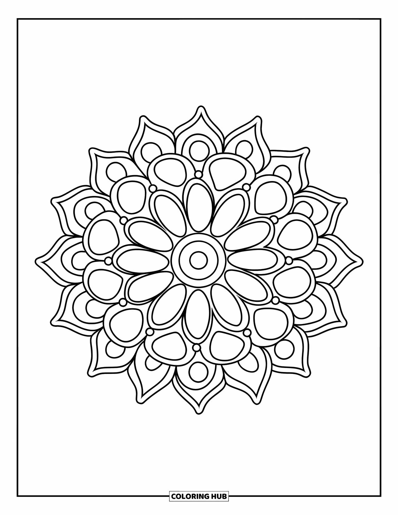 Rangoli Coloring Page for Kids: Cheerful round rangoli with chunky petals and simple dot details