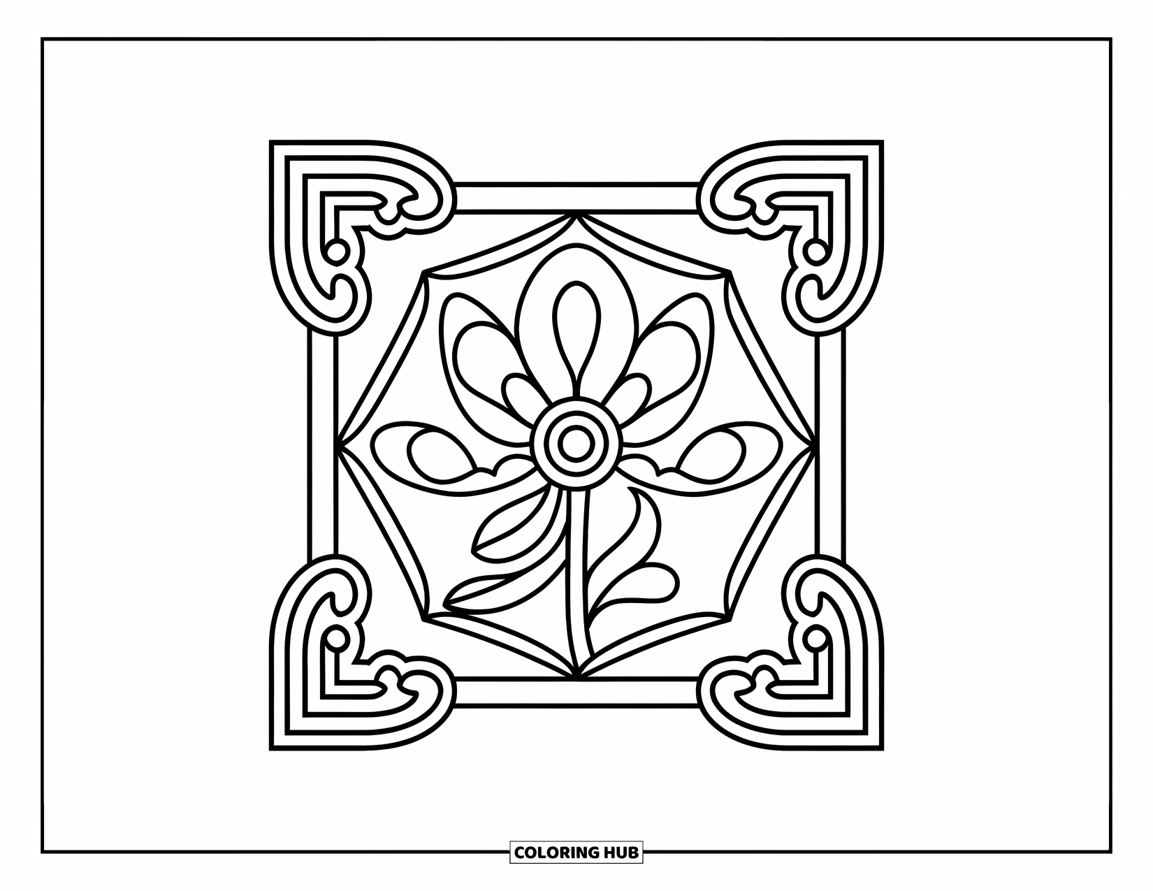 Rangoli Coloring Page for Kids: Cheerful square rangoli with a flower and playful corner shapes