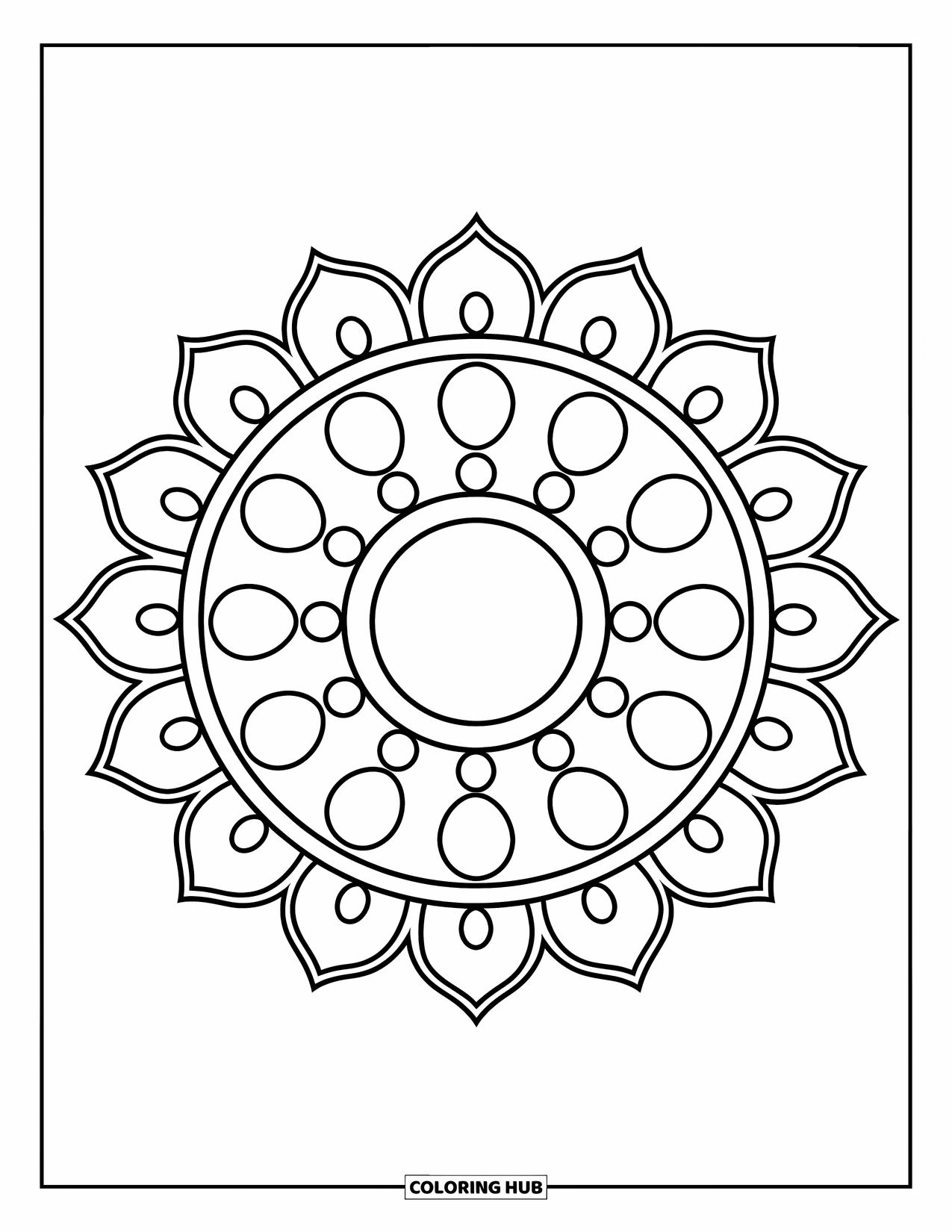 Rangoli Coloring Page for Kids: Circle design with big petals and evenly spaced dots