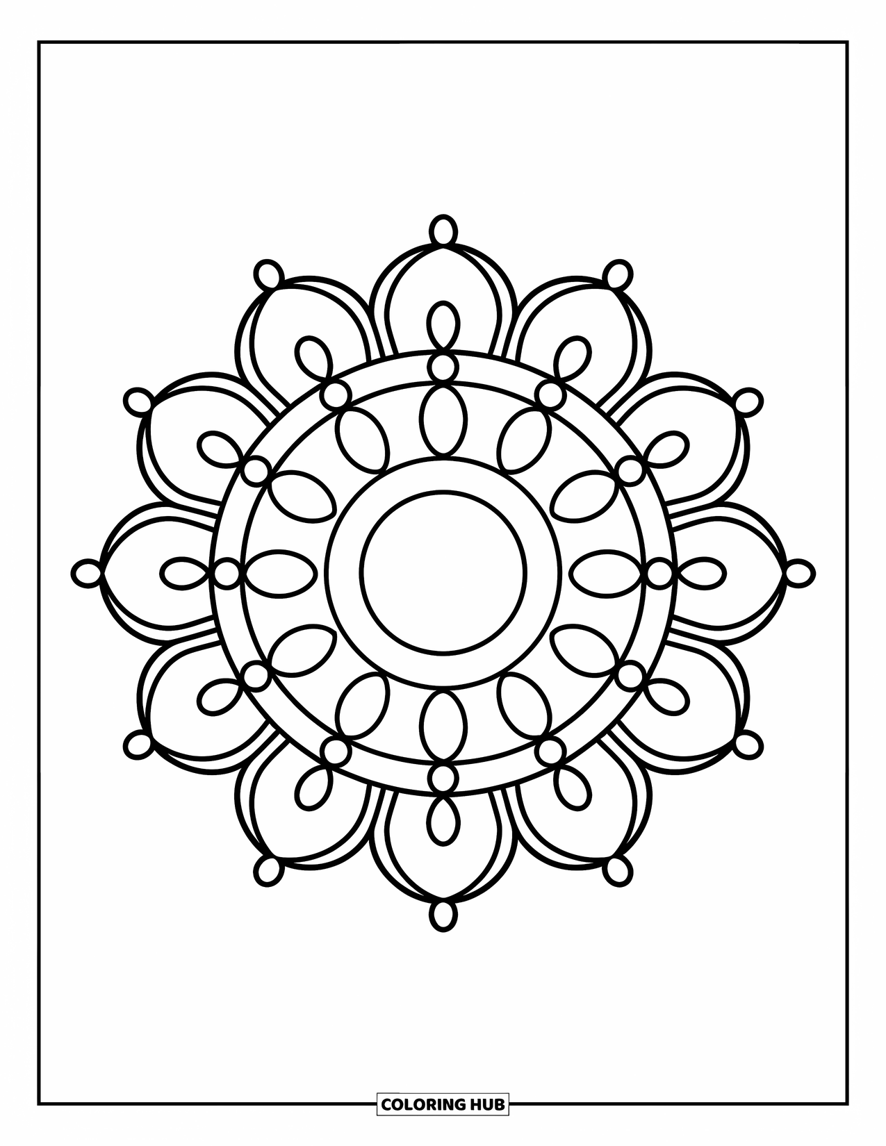 Rangoli Coloring Page for Kids: Circle rangoli with bold petals and dotted accents