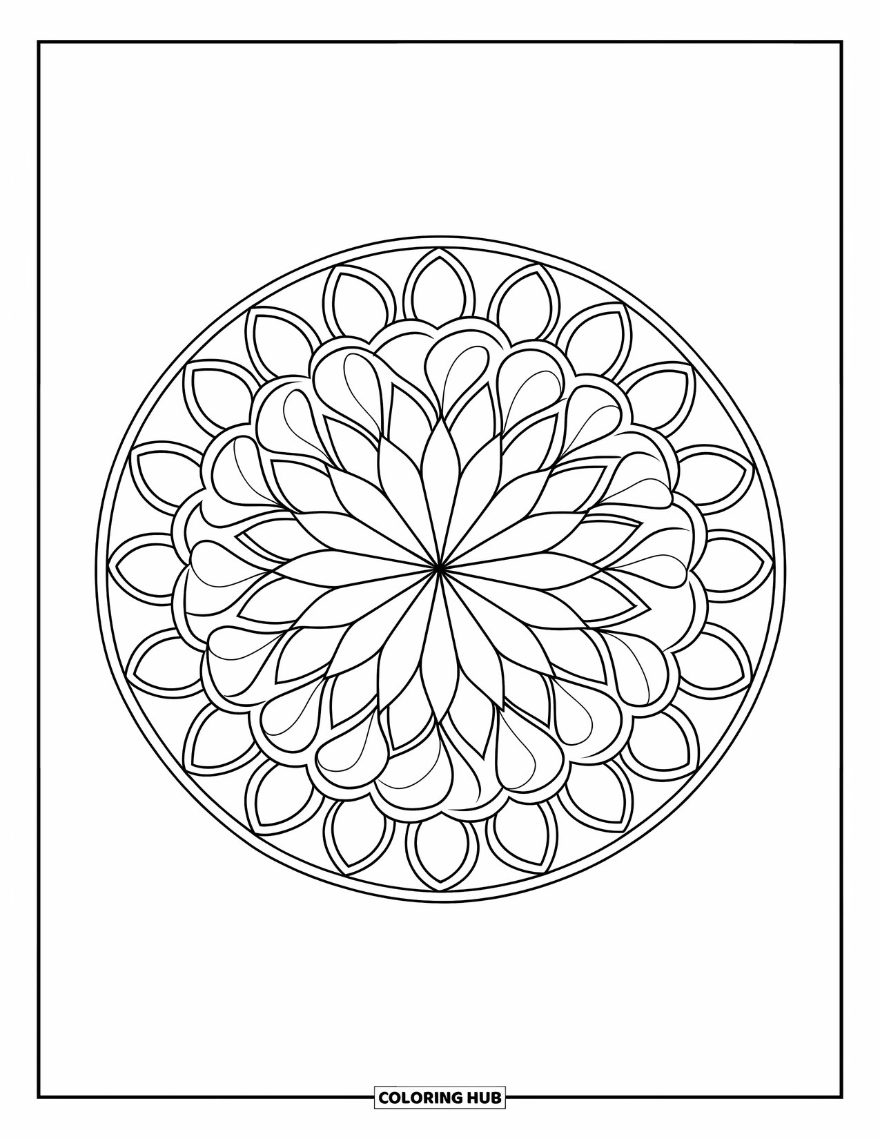 Rangoli Coloring Page for Kids: Circular rangoli with alternating triangle and leaf shapes