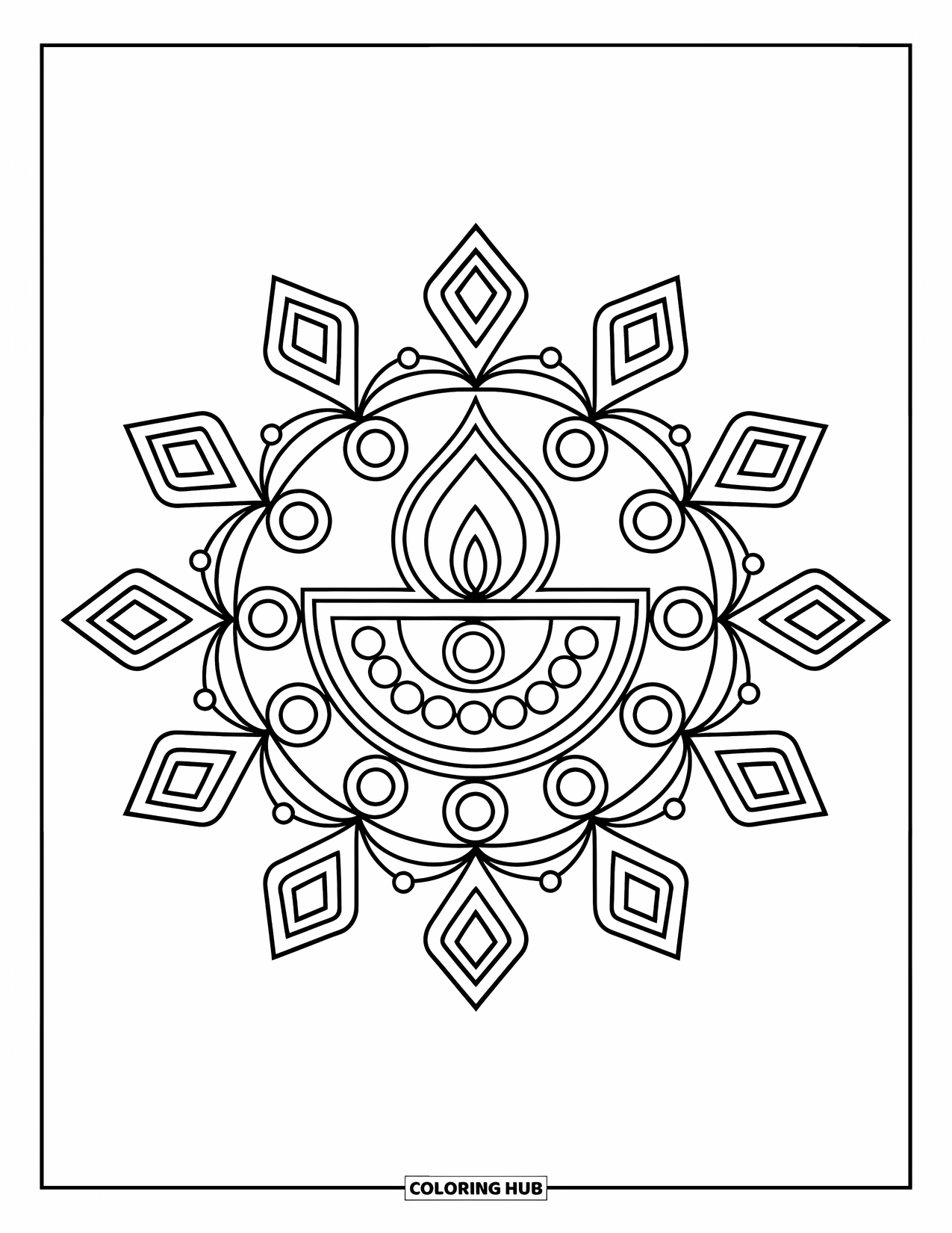 Rangoli Coloring Page for Kids: Diya-centered rangoli with dotted and diamond patterns
