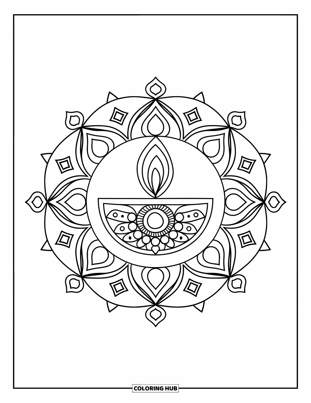 Rangoli Coloring Page for Kids: Diya-themed rangoli with dots and diamonds in a simple layout