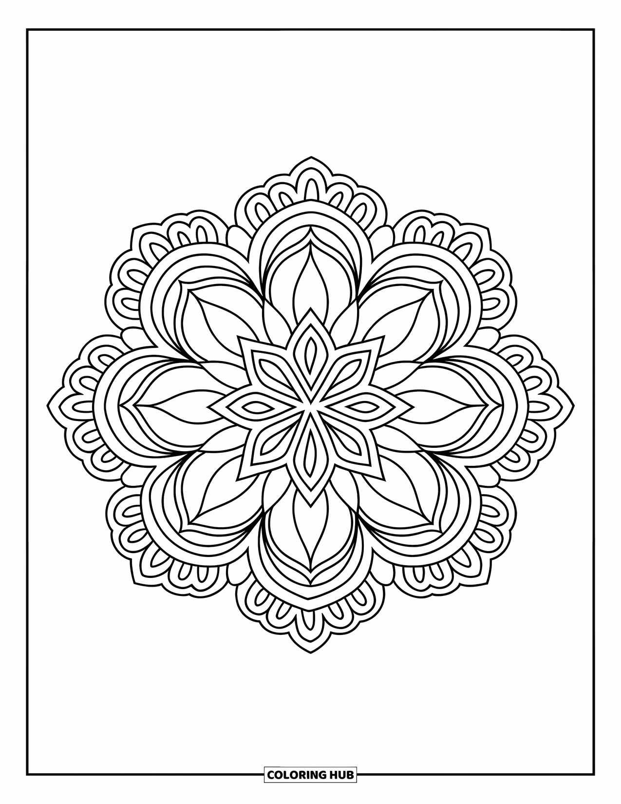 Rangoli Coloring Page for Kids: Floral rangoli with layered petals and paisley touches in a lively design