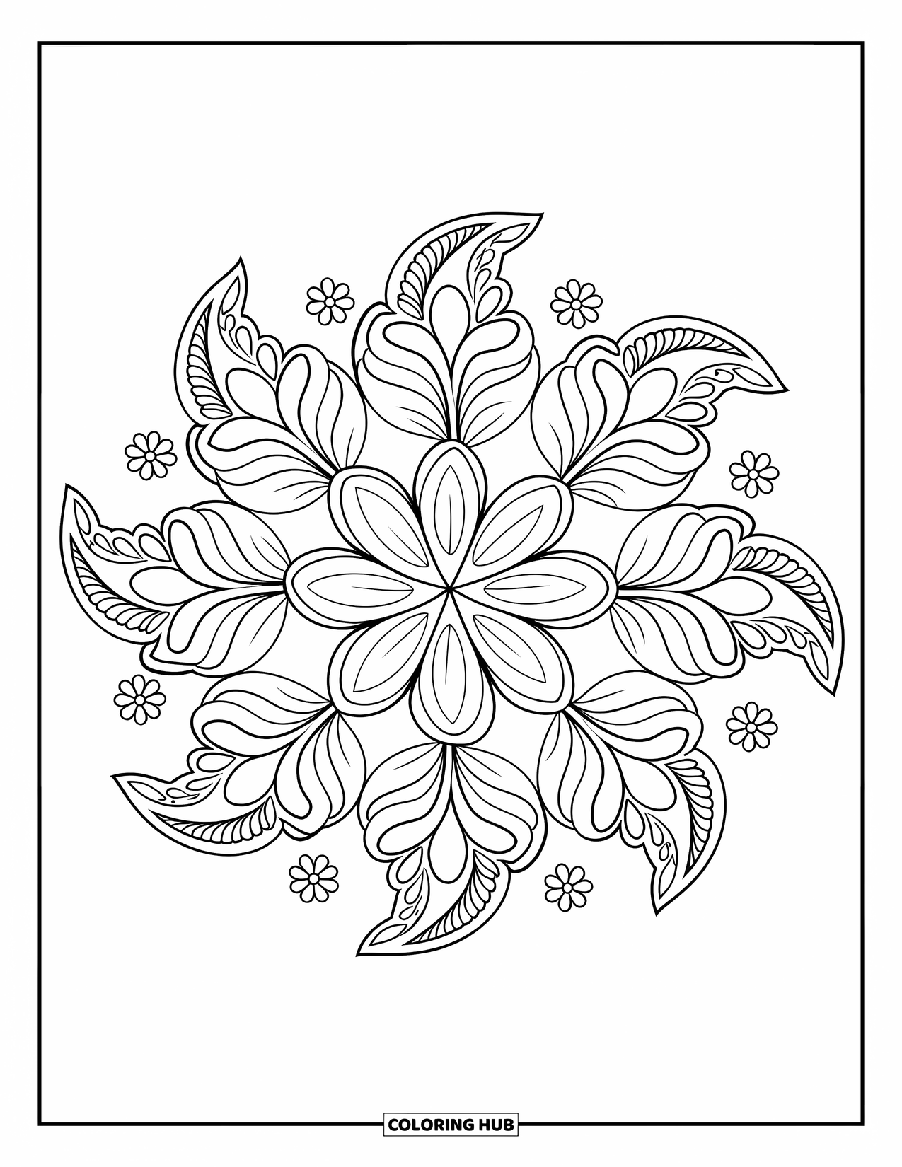 Rangoli Coloring Page for Kids: Floral rangoli with layered petals, paisley edges, and scattered leaves