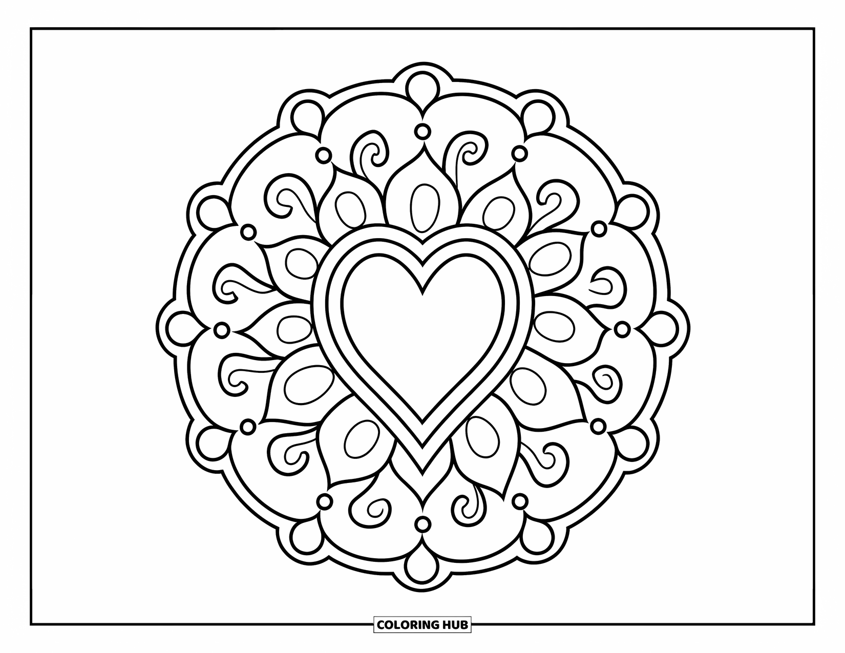 Rangoli Coloring Page for Kids: Heart and flower rangoli inside a circle with swirls and dotted rings