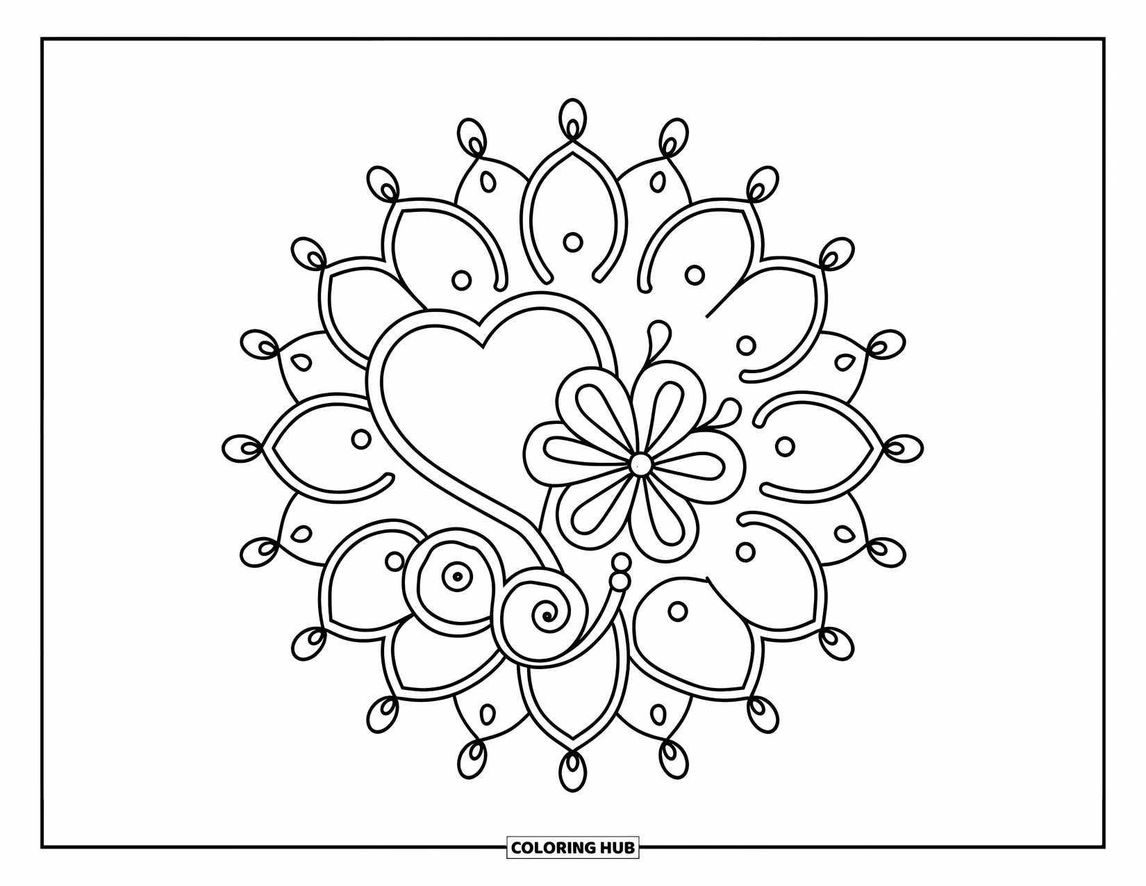Rangoli Coloring Page for Kids: Heart and flower rangoli with swirls and dotted rings