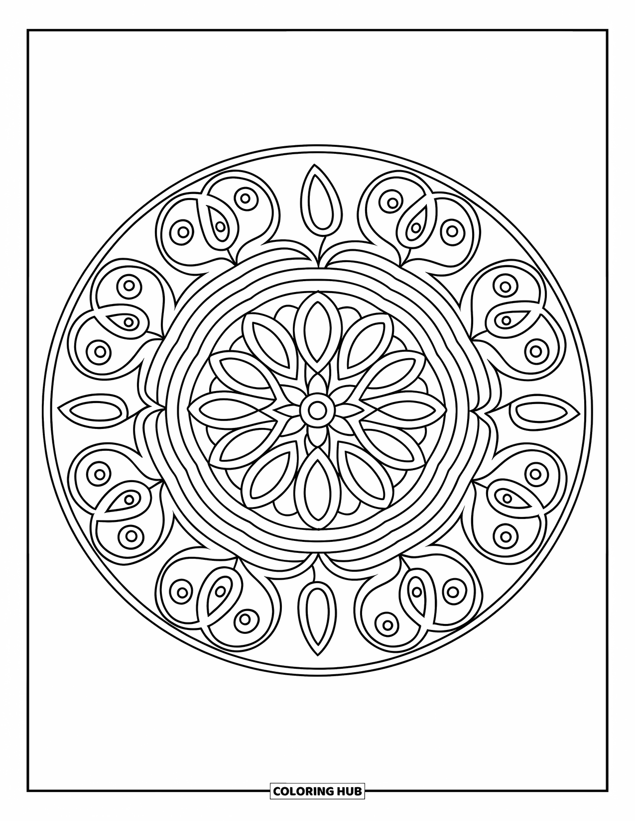 Rangoli Coloring Page for Kids: Lotus and paisley rangoli with a bold circular layout