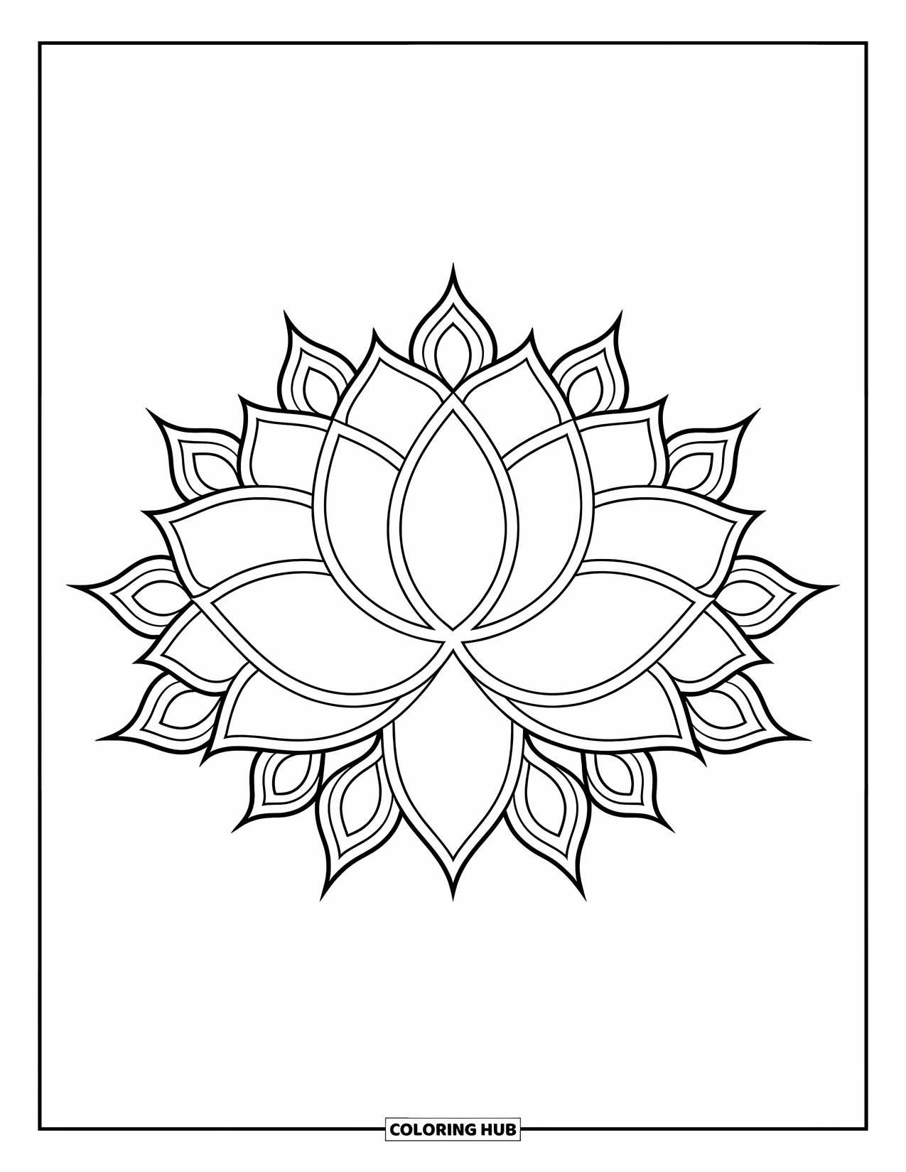Rangoli Coloring Page for Kids: Lotus rangoli with layered petals and fancy leaf accents