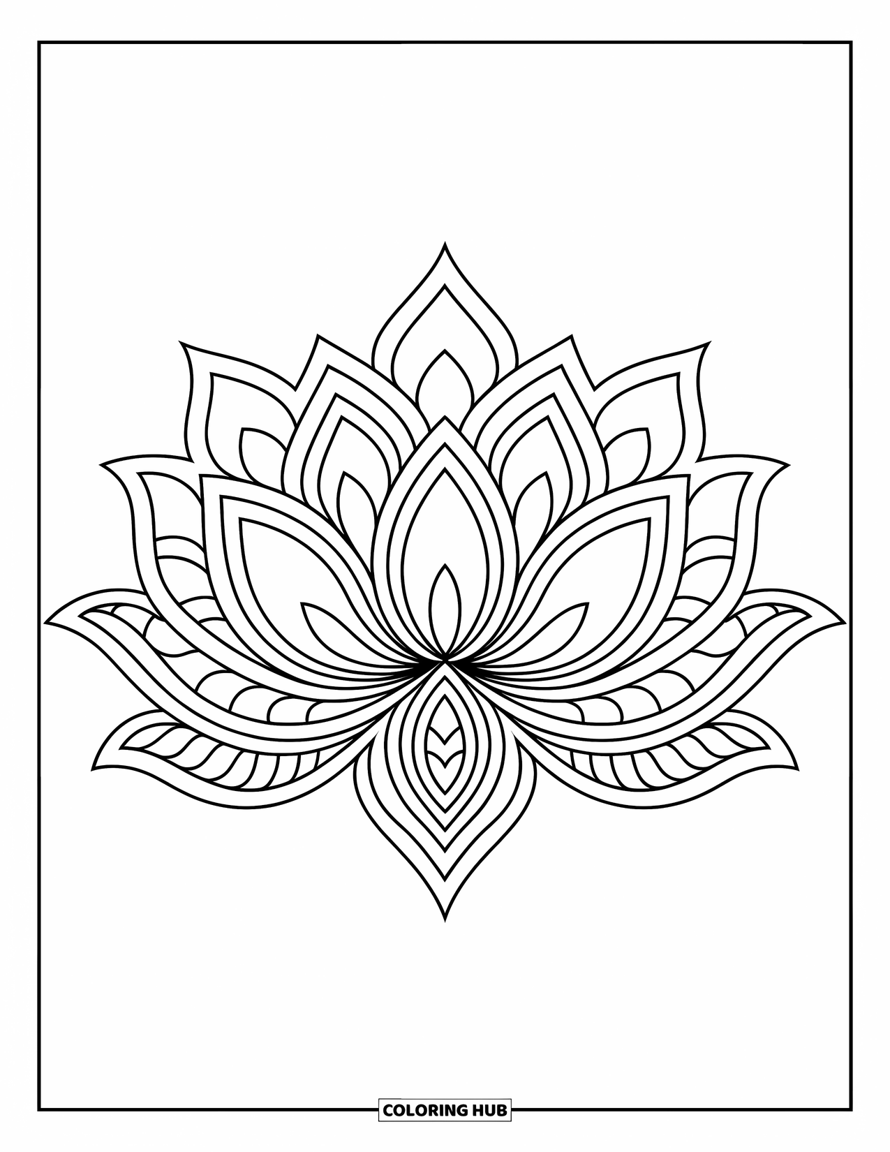 Rangoli Coloring Page for Kids: Lotus-themed rangoli with overlapping petals and delicate leaf accents