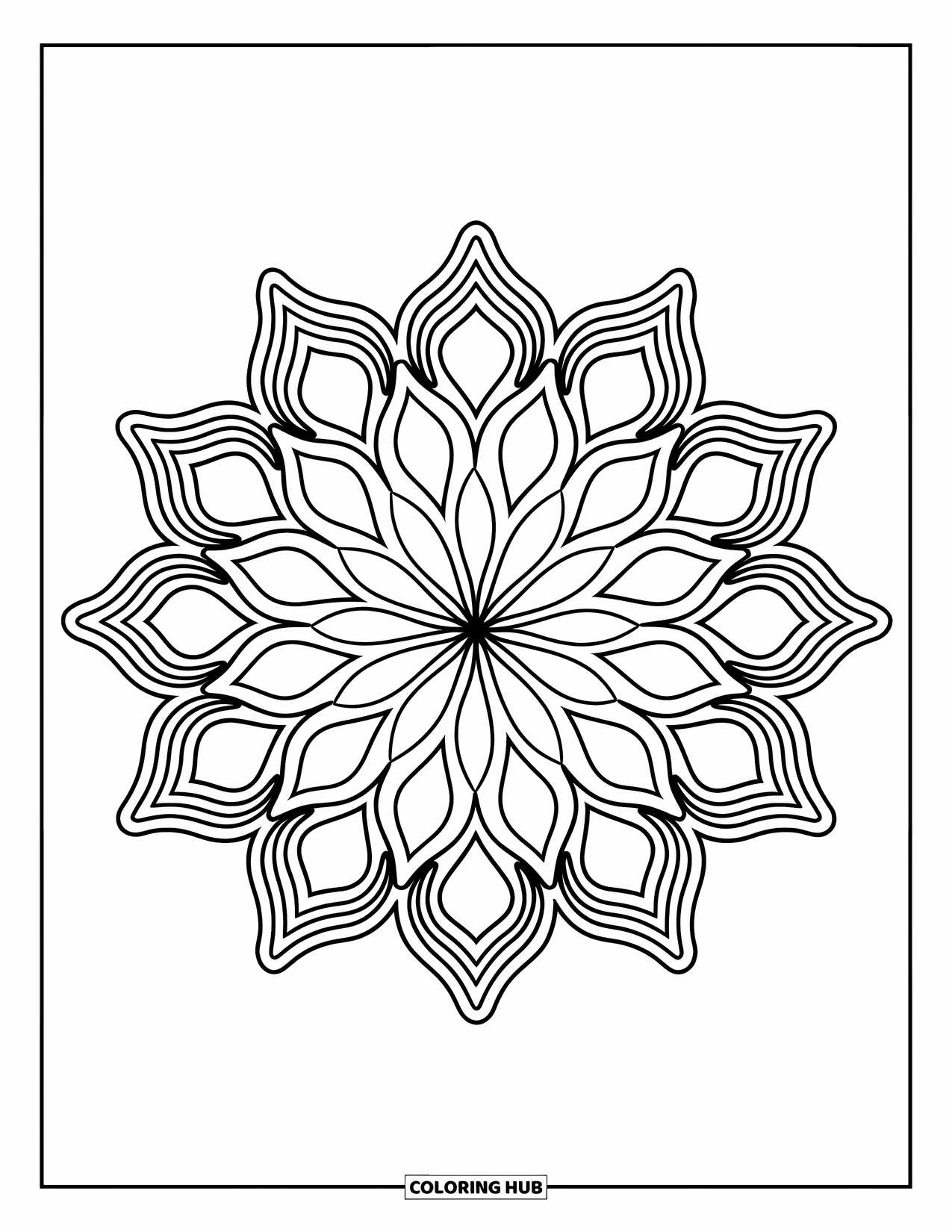 Rangoli Coloring Page for Kids: Ornate floral rangoli with petals and paisley around the center