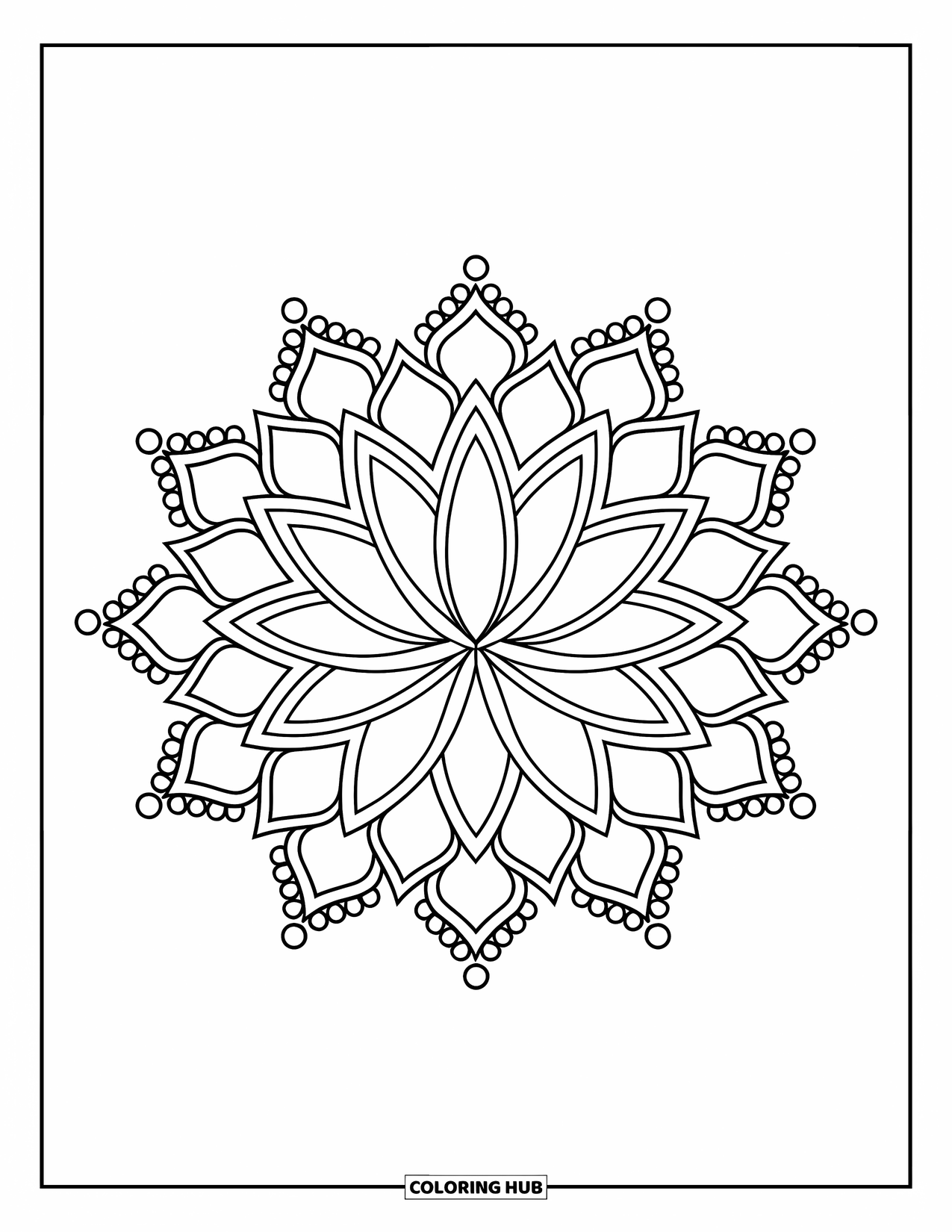 Rangoli Coloring Page for Kids: Petal-filled lotus rangoli with dotted accents