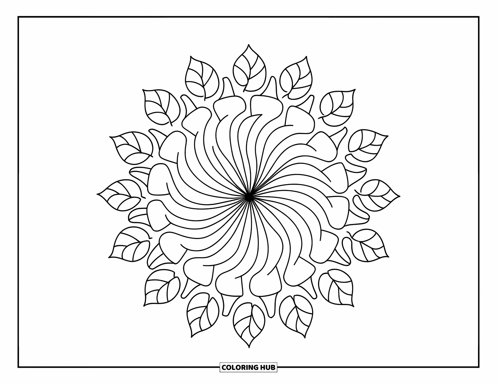 Rangoli Coloring Page for Kids: Spiral-centered rangoli with a leafy border and gentle curves