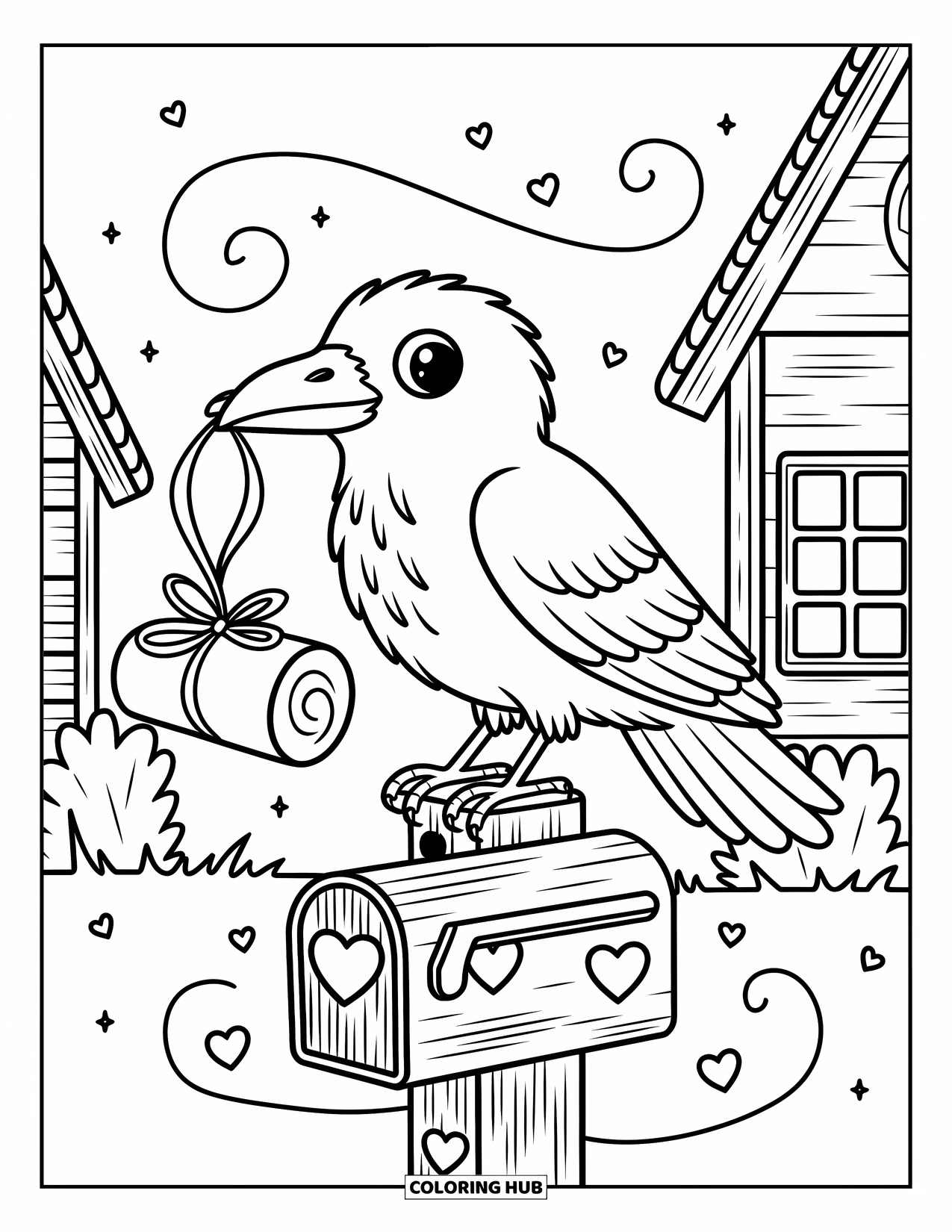 Raven Coloring Page for Adults: A cozy raven brings a message from a post surrounded by swirling wind