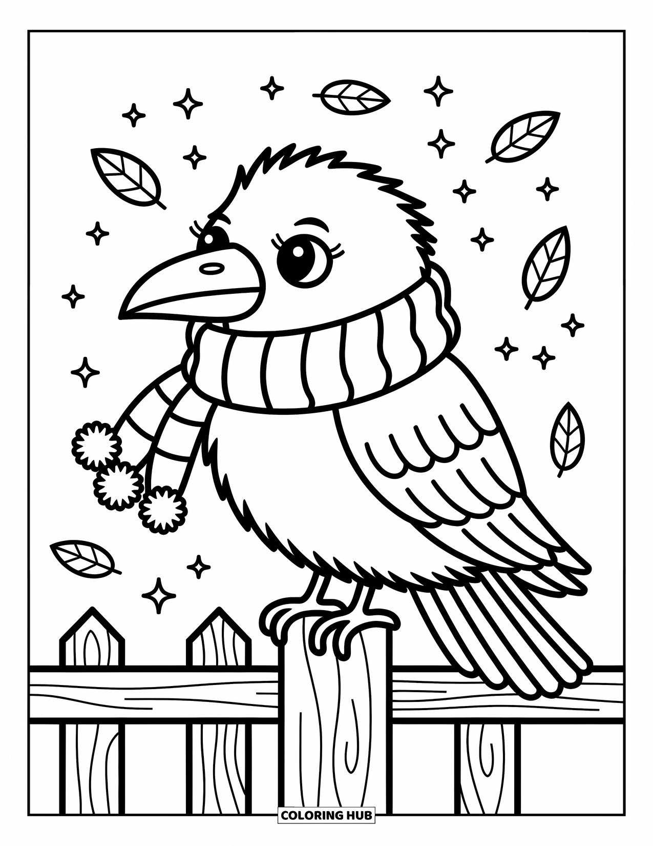 Raven Coloring Page for Adults: A cozy raven wears a big scarf as leaves swirl gently around