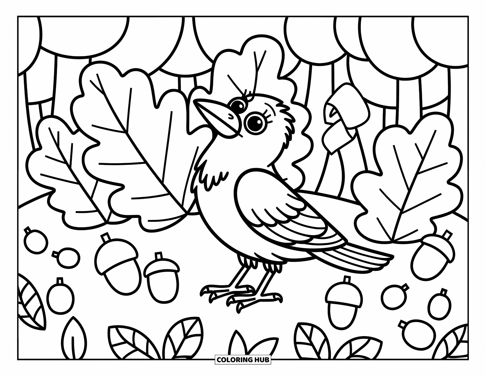 Raven Coloring Page for Adults: A curious raven peeks from behind a big leaf surrounded by mushrooms and acorns