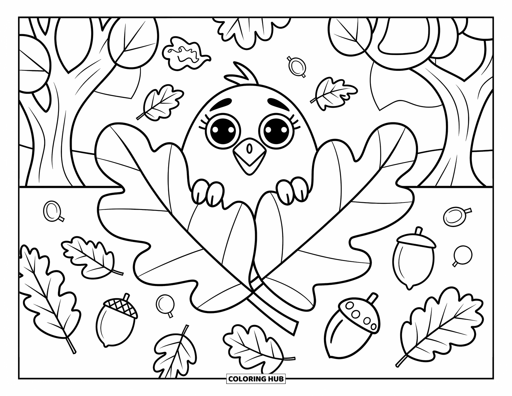 Raven Coloring Page for Adults: A curious raven peeks playfully from behind a leaf with mushrooms all around