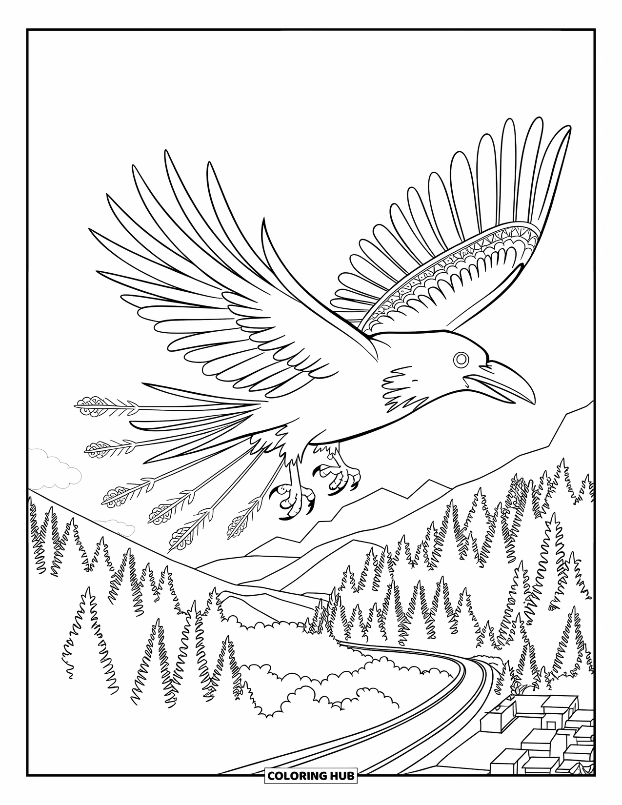 Raven Coloring Page for Adults: A flying raven with a branch leaves behind celestial mandalas over a valley