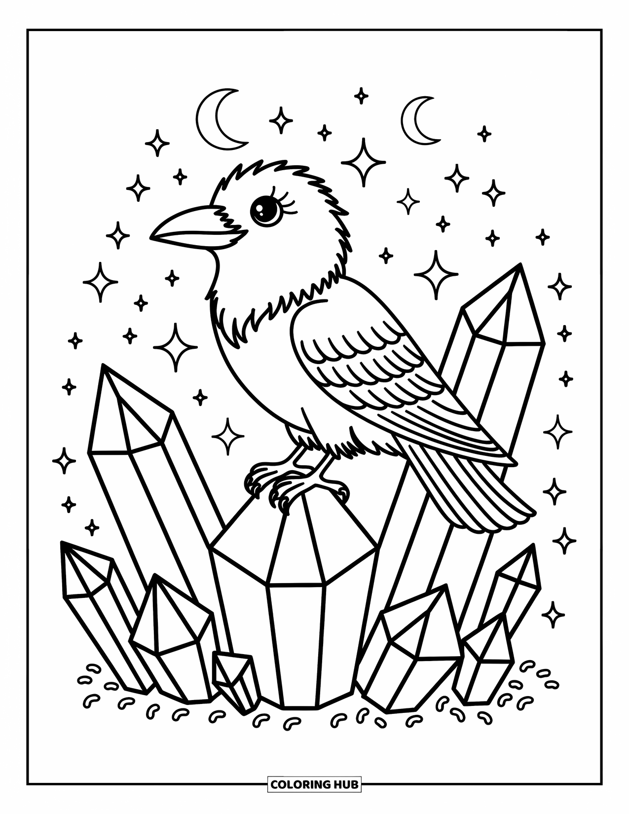 Raven Coloring Page for Adults: A graceful raven sits atop magical crystals with stars and moons floating nearby