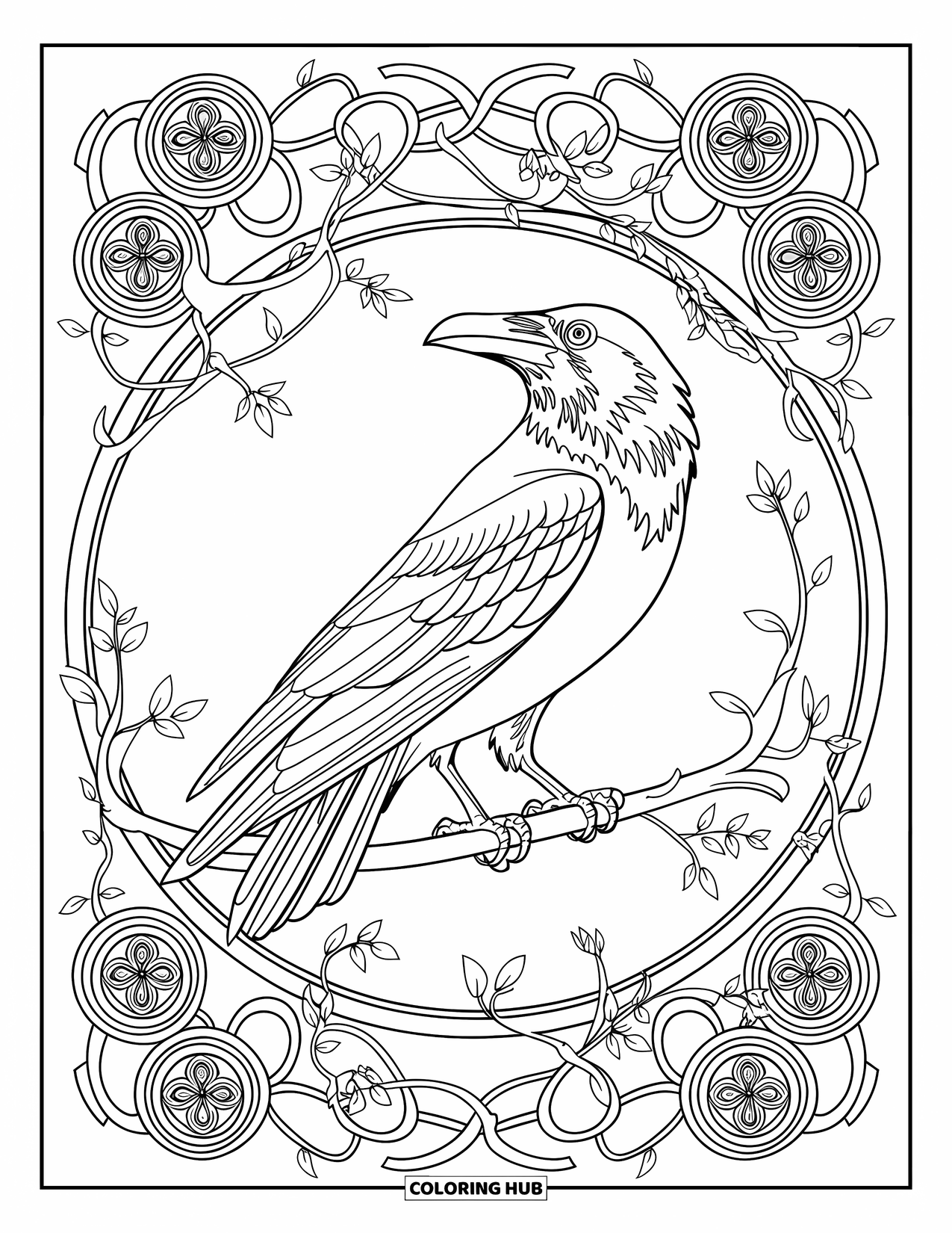 Raven Coloring Page for Adults: A perched raven holds a twig, surrounded by vines and mandala-like spirals