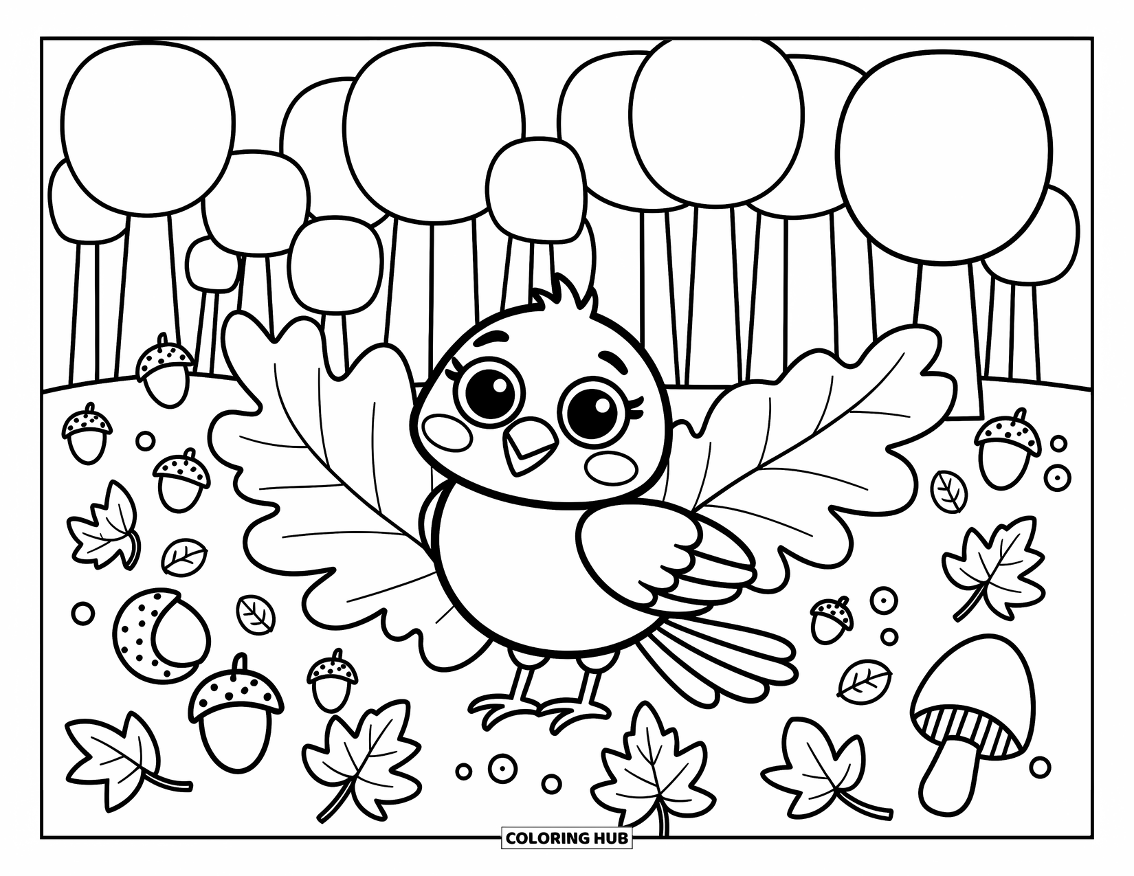 Raven Coloring Page for Adults: A playful raven hides among oversized leaves and cute forest mushrooms
