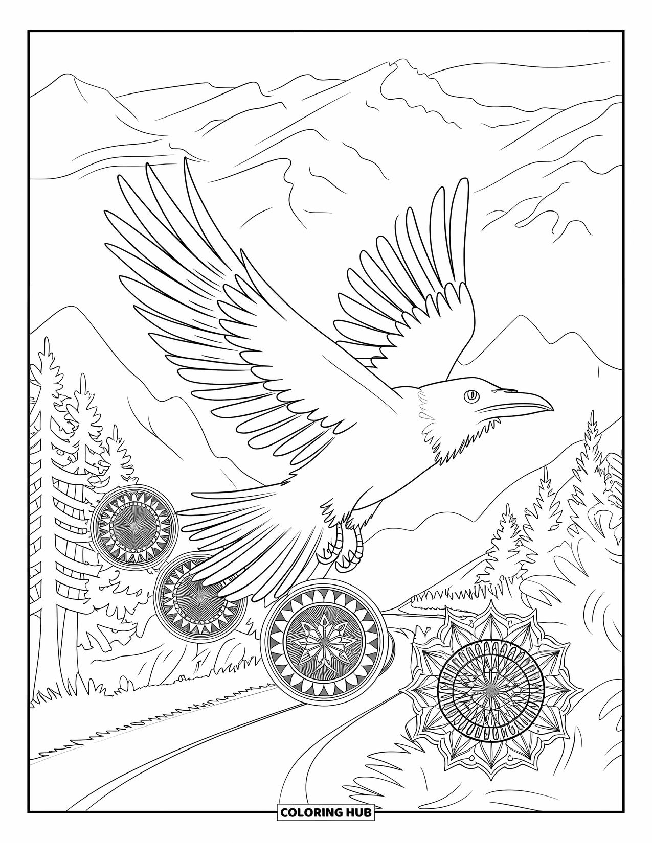 Raven Coloring Page for Adults: A raven flies over trees as feathers transform into glowing celestial mandalas