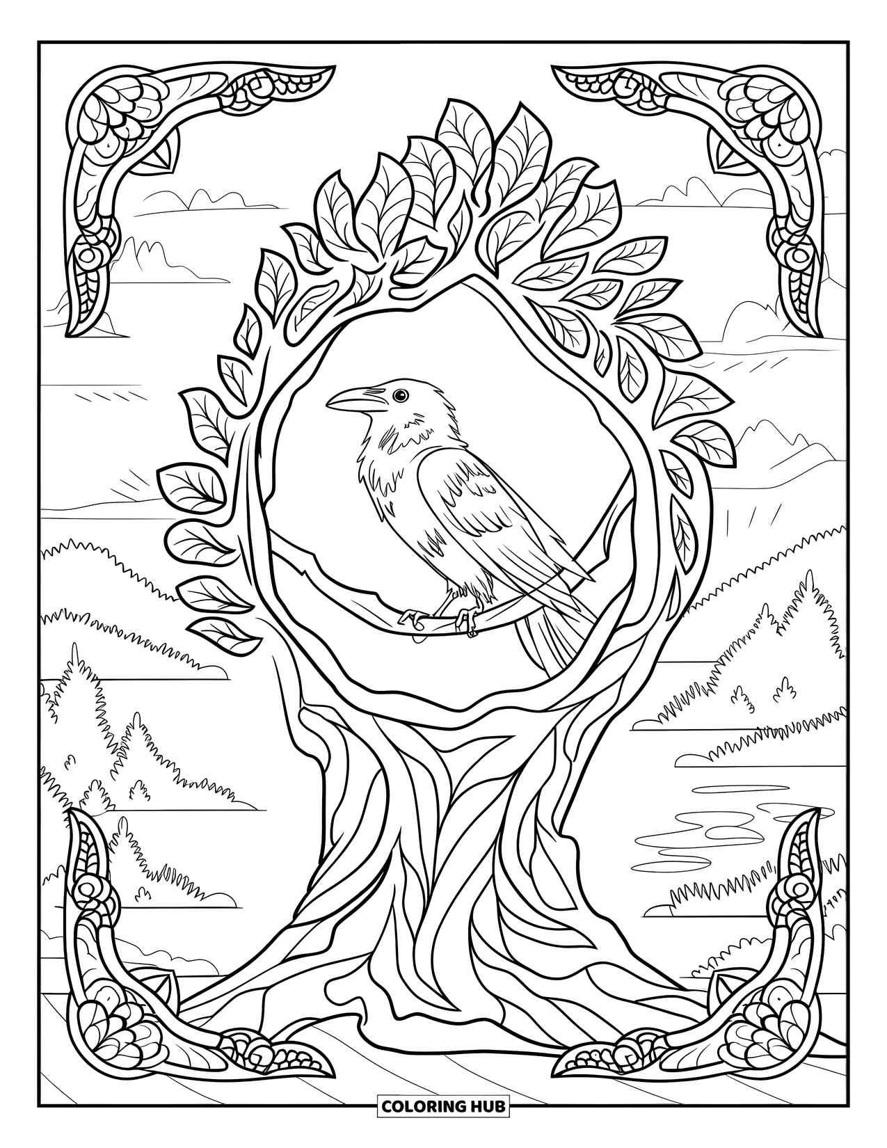 Raven Coloring Page for Adults: A raven perches inside a leafy mandala tree, framed by mountains and water