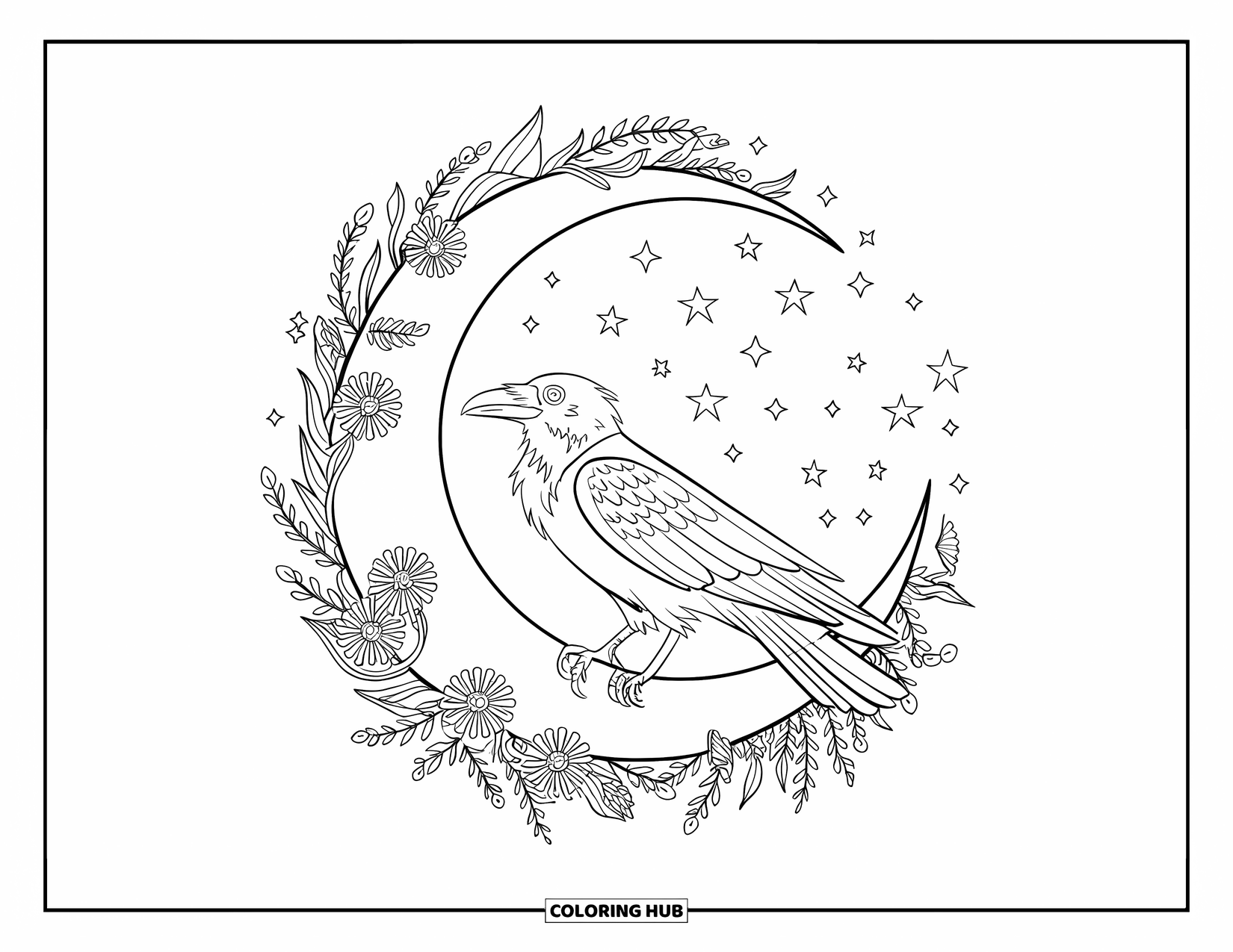 Raven Coloring Page for Adults: A raven rests on a moon surrounded by stars and twining botanical patterns