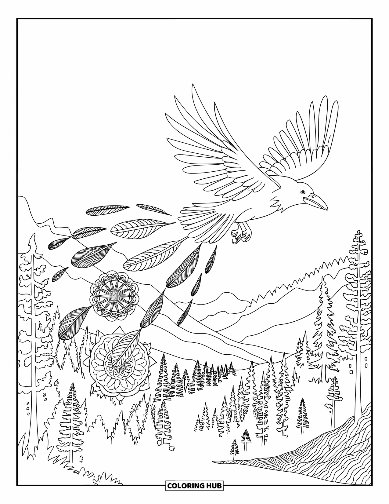 Raven Coloring Page for Adults: A raven soars over a forest valley with feathers turning into celestial mandalas