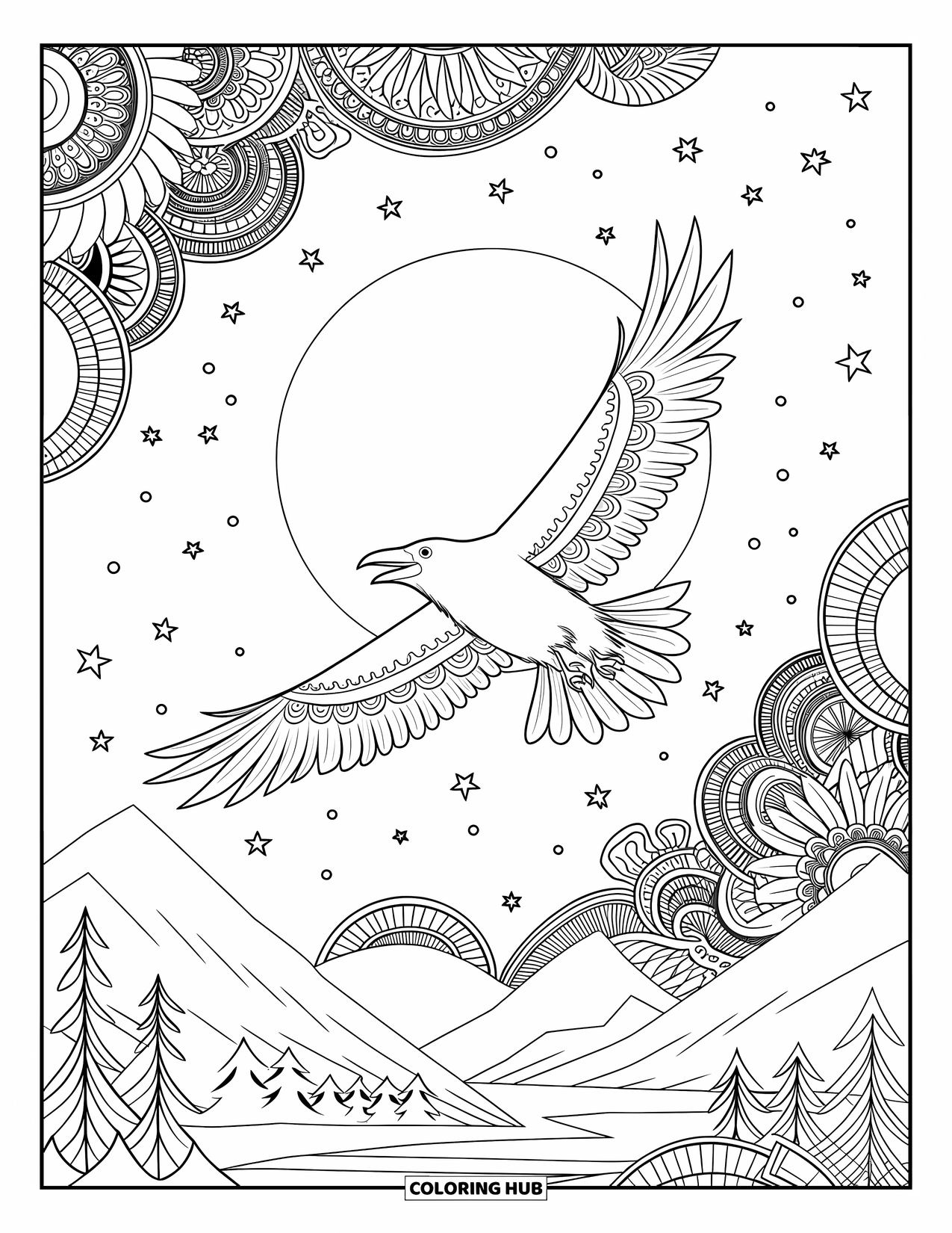 Raven Coloring Page for Adults: A raven with spread wings flies under swirling stars and intricate mandalas