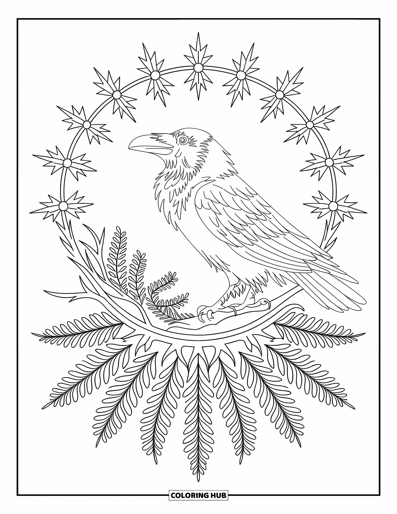 Raven Coloring Page for Adults: A raven's head in profile is surrounded by rings of ferns, herbs, and stars