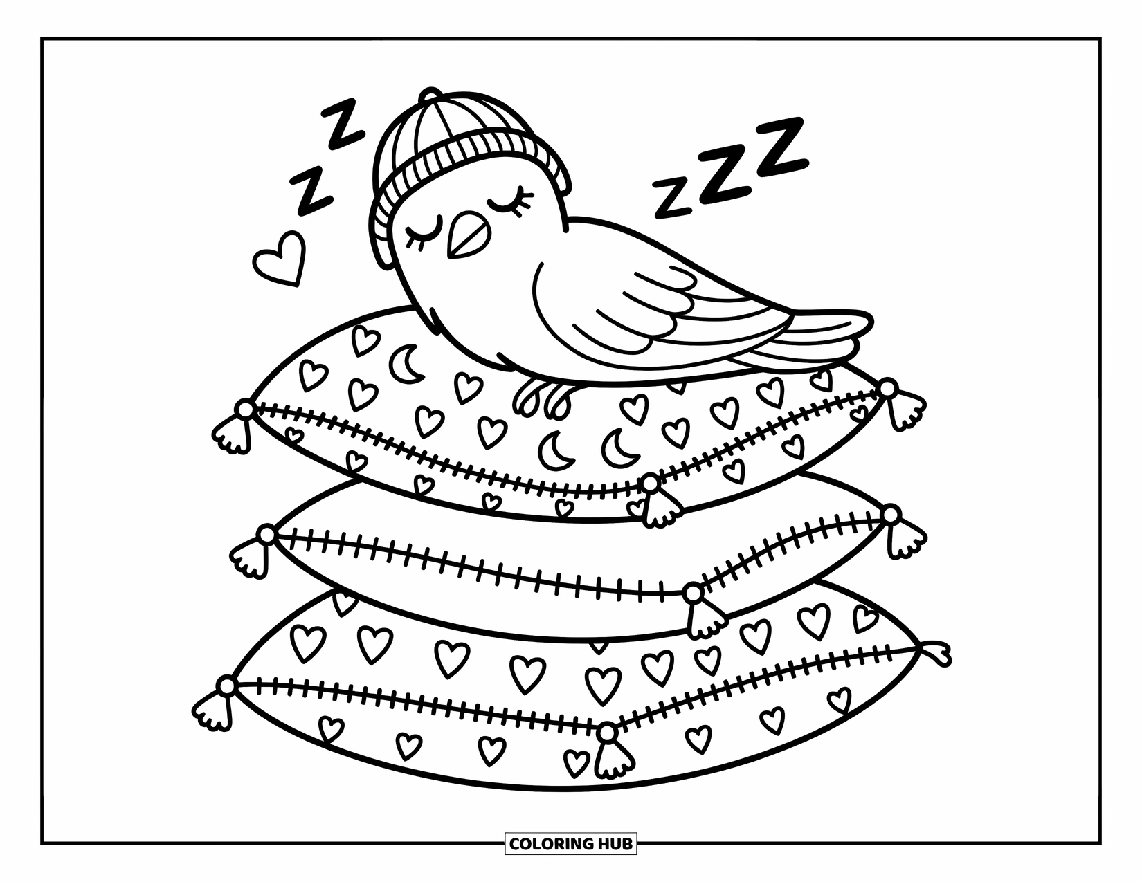 Raven Coloring Page for Adults: A sleepy raven snoozes on soft pillows stitched with stars and hearts