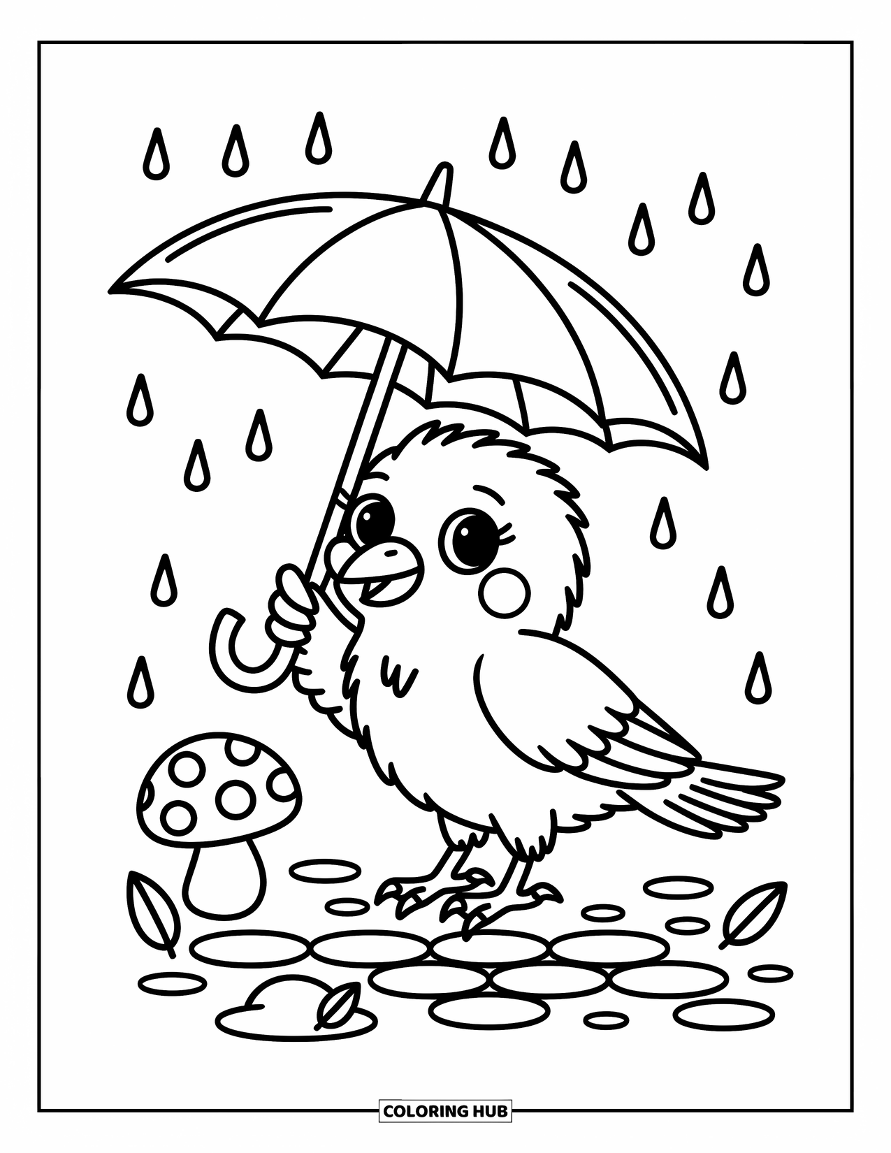Raven Coloring Page for Adults: A sweet raven shields itself from raindrops with a big leaf and calm smile