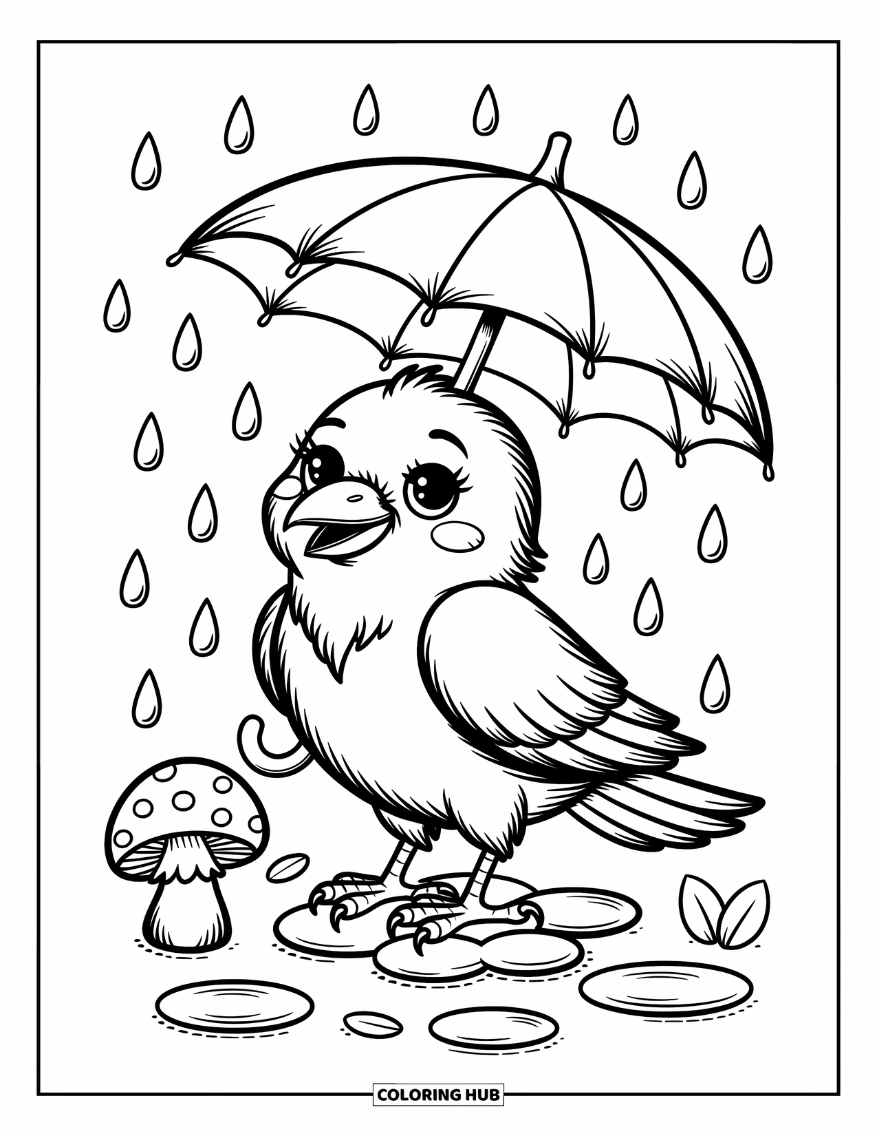 Raven Coloring Page for Adults: A tiny raven holds a leaf umbrella while standing in rain puddles