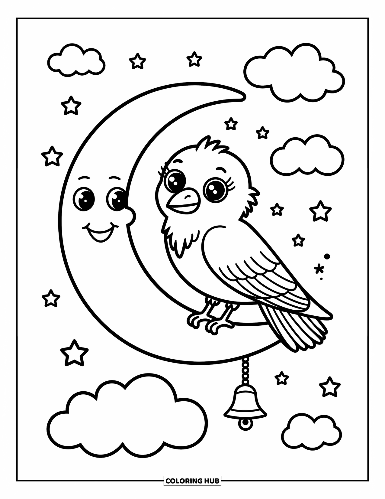 Raven Coloring Page for Adults: A tiny raven snuggles on a moon with stars and soft clouds floating nearby