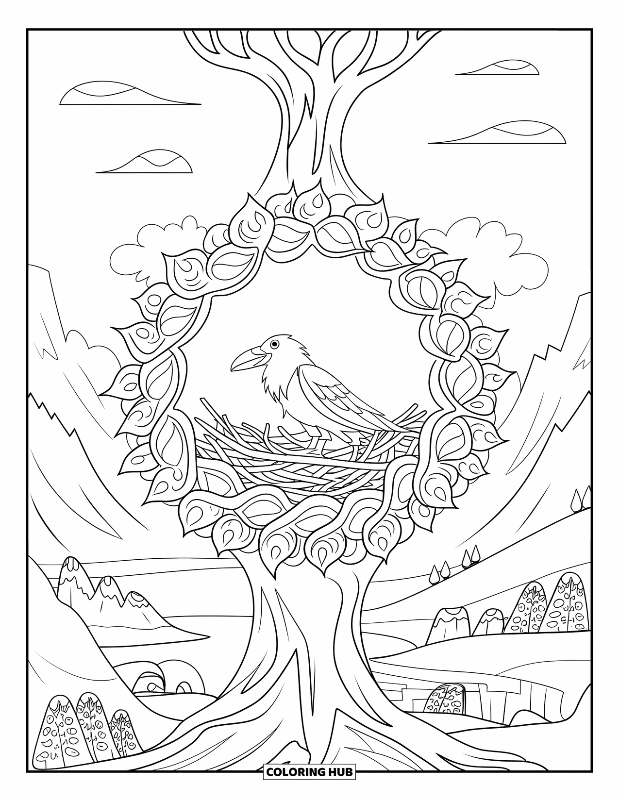 Raven Coloring Page for Adults: A watchful raven guards its nest in a hollow tree with mountains and river views