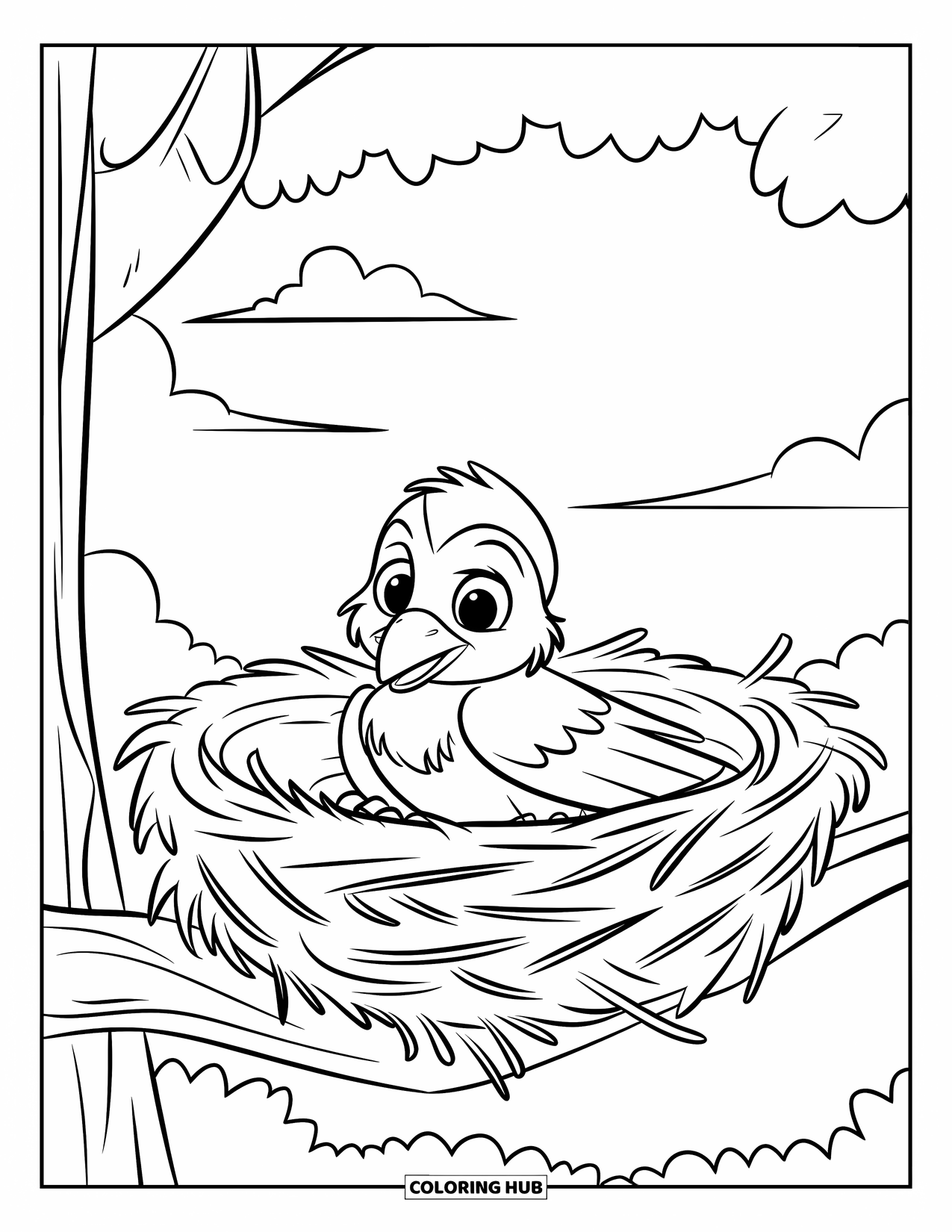 Raven Coloring Page for Kids: A baby raven sits in a nest with clouds drifting by