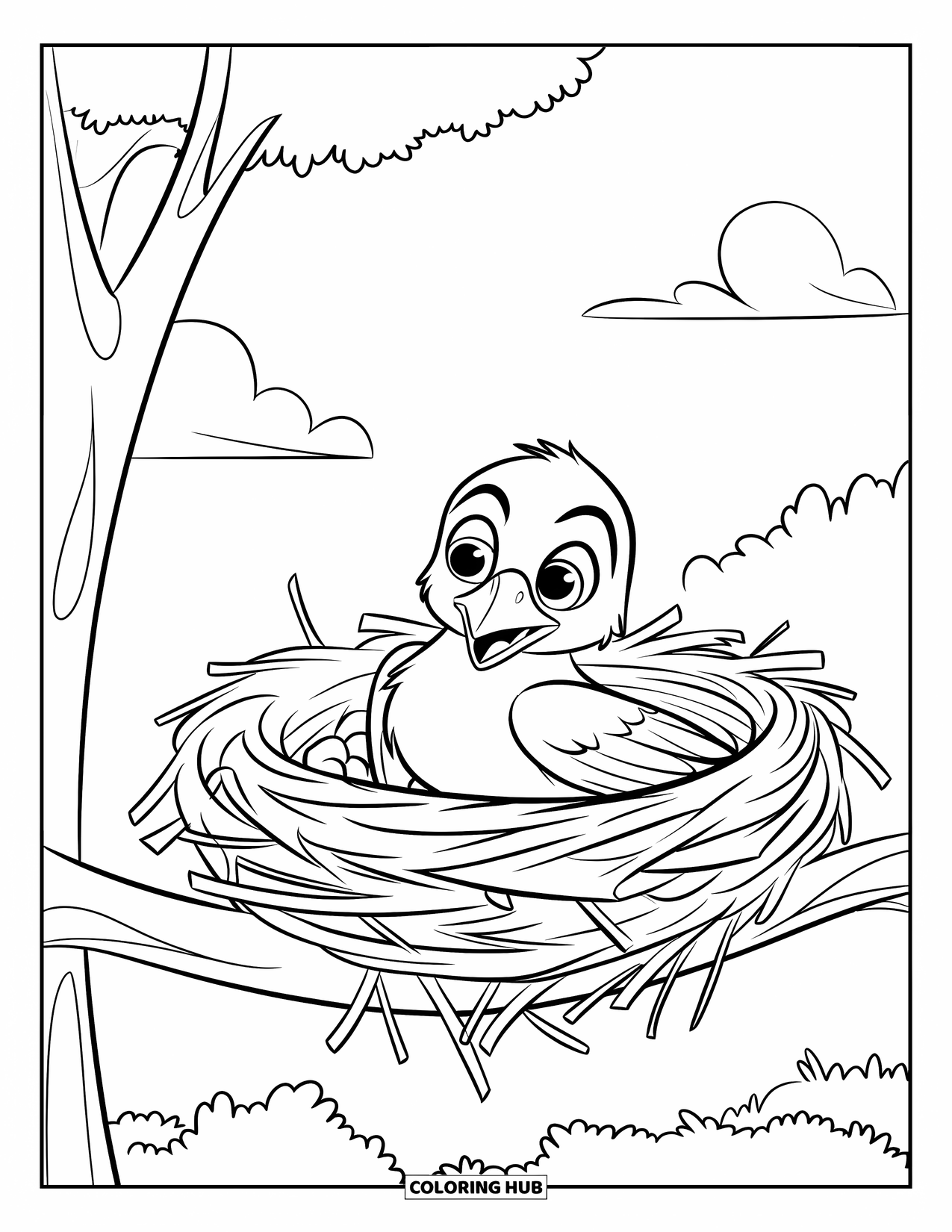 Raven Coloring Page for Kids: A baby raven sits snugly in a nest high in a tree