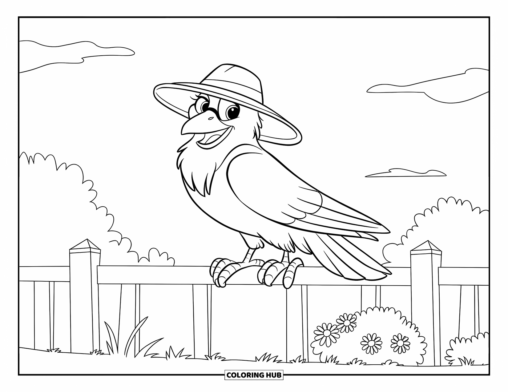 Raven Coloring Page for Kids: A cheerful raven in a hat stands happily on a fence