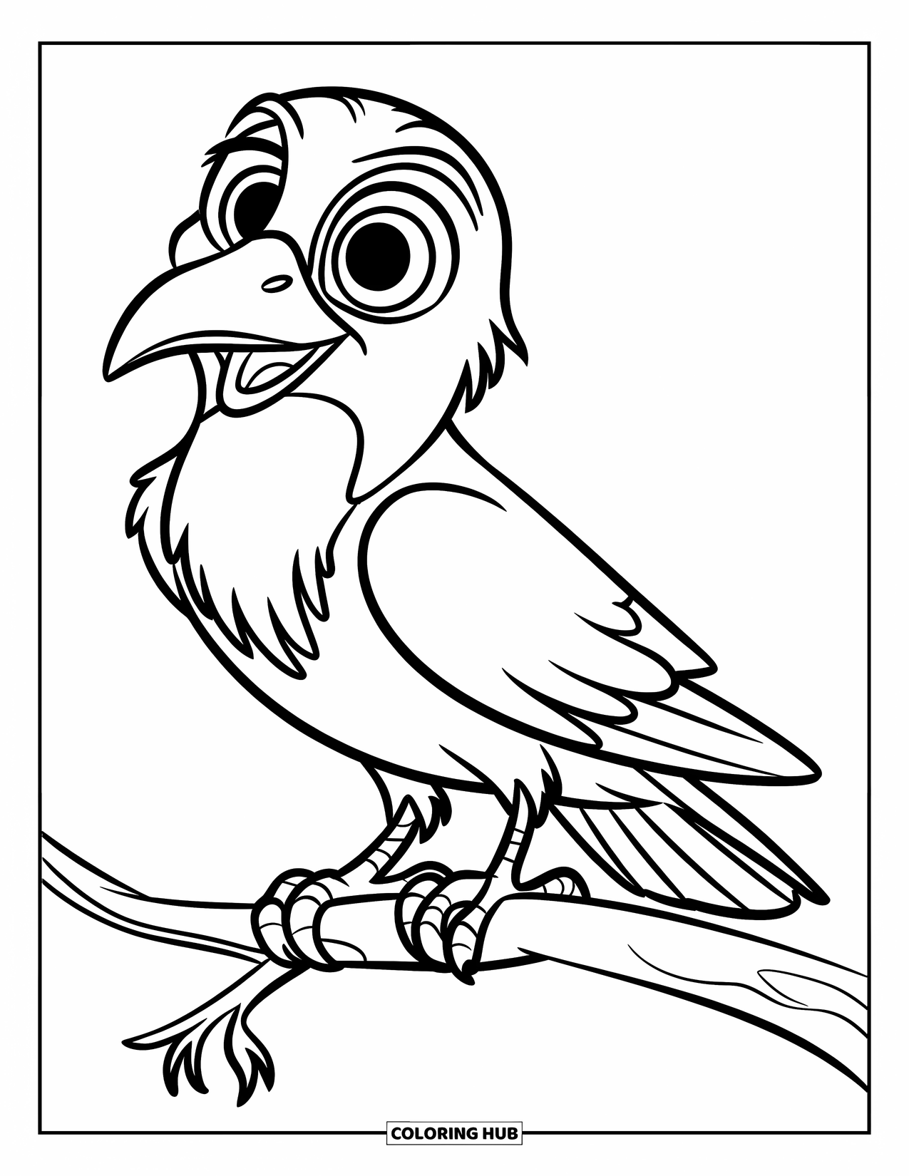 Raven Coloring Page for Kids: A cheerful raven with big eyes stands proudly on a branch